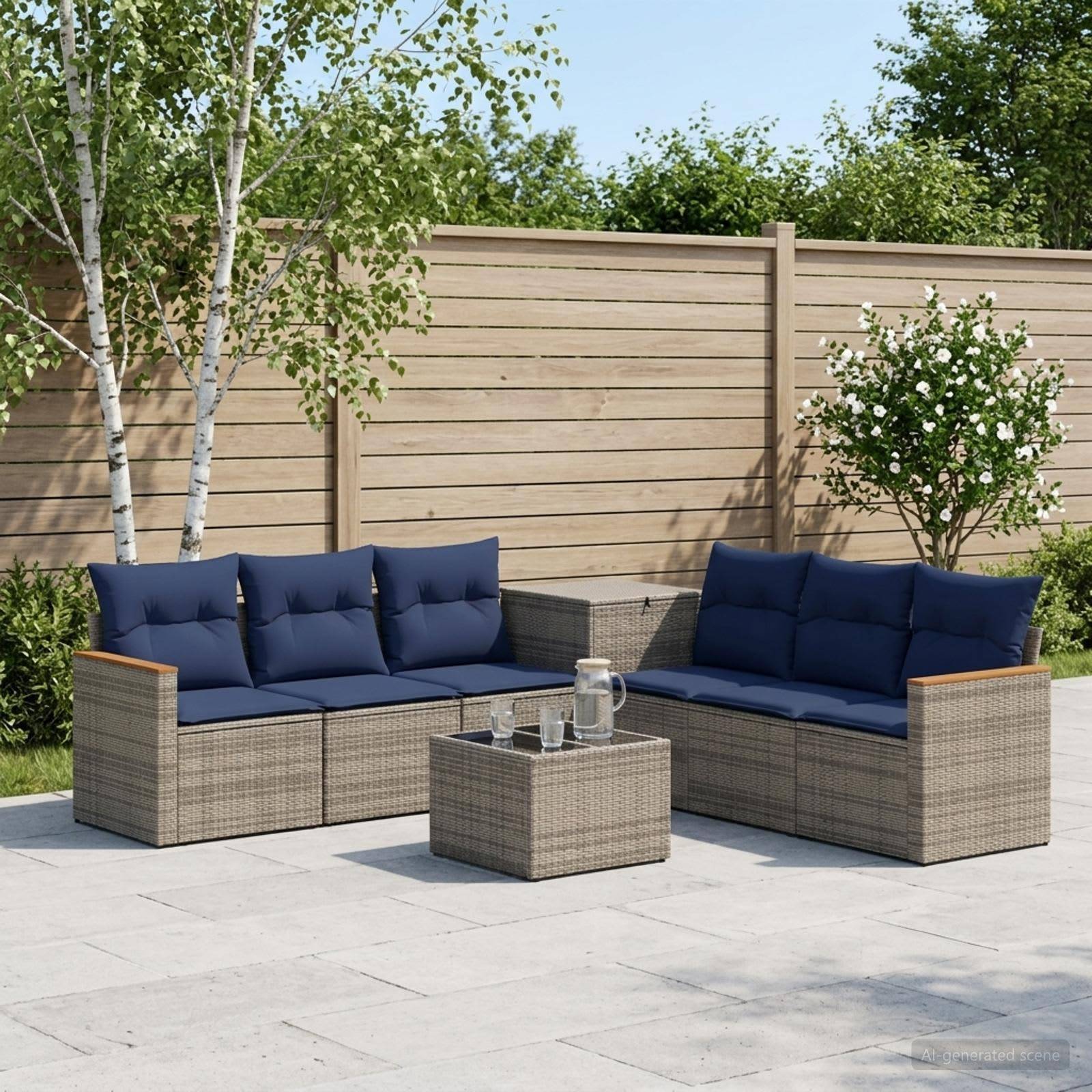 Gartenmöbelset für die Terrasse mit zwei Korbgeflecht-Sektionstofas, marineblau gepolsterten Kissen und einem passenden Couchtisch auf einer Steinterrasse neben einem Holzzaun.