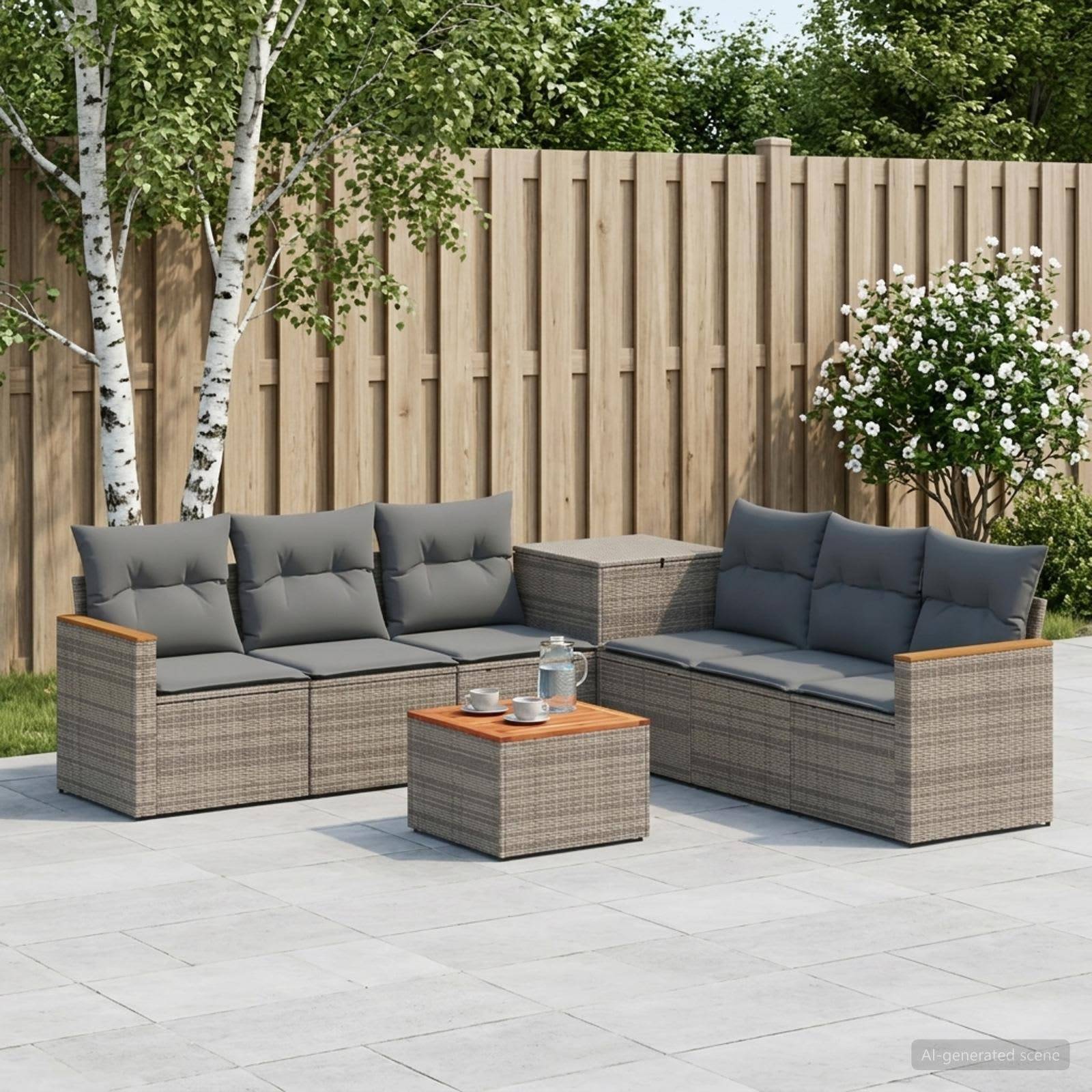 Außenterrasse mit zwei grauen Rattansofa, passendem Couchtisch und Beistelltisch, auf einer gefliesten Terrasse neben einem Holzzaun und Bäumen angeordnet.