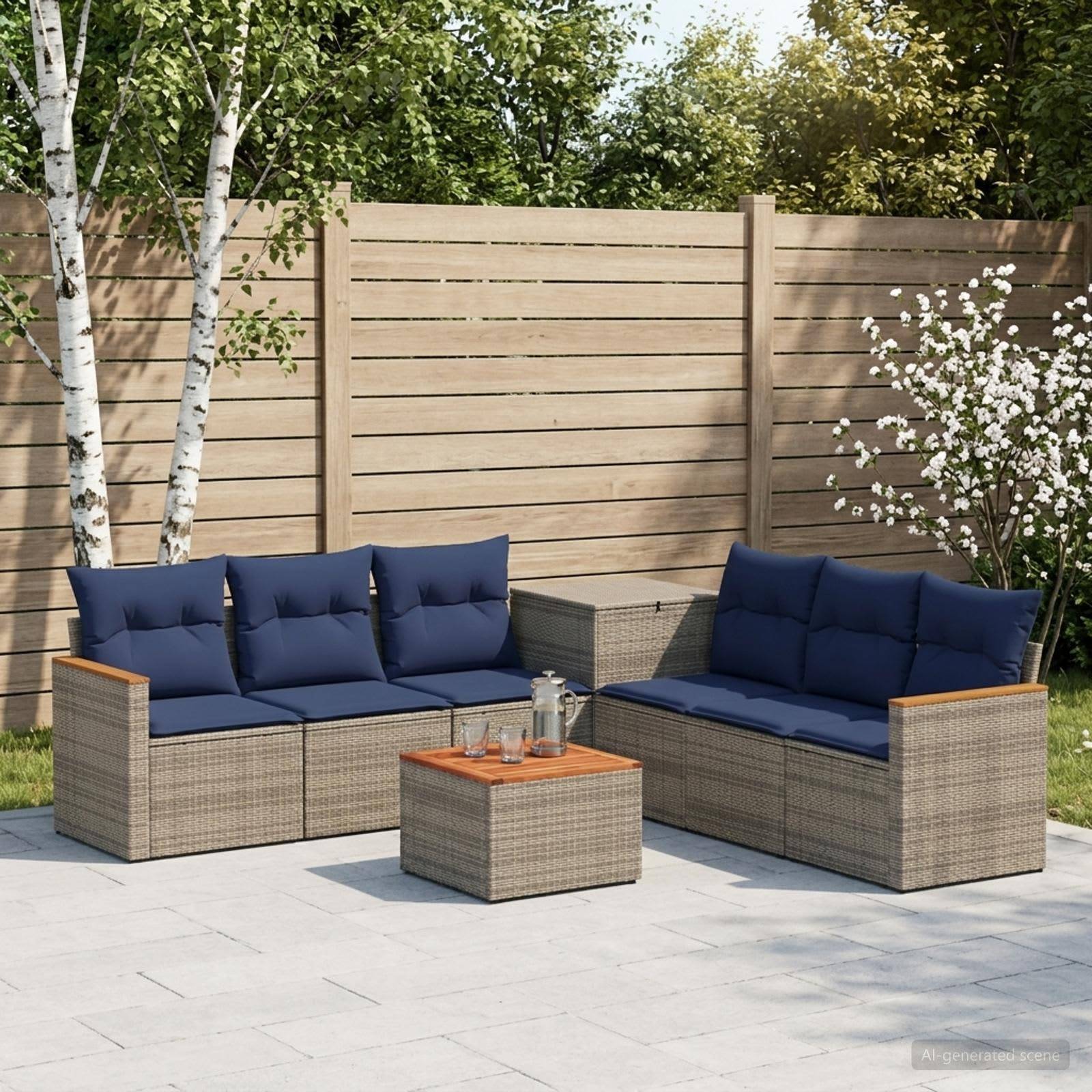 Gartenlobsatz im Freien mit zwei Korbsofas, blauen Kissen und einem kleinen quadratischen Couchtisch auf einer gefliesten Terrasse neben einem Holzzaun.