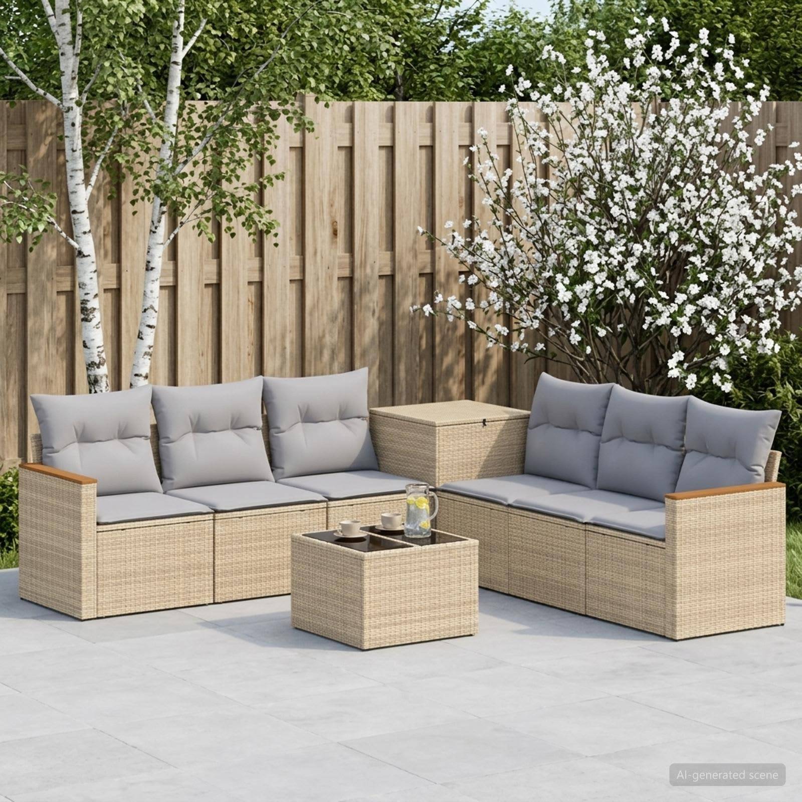 Outdoor-Terrassenmöbelset mit zwei Rattansofas, einem Beistelltisch mit Stauraum und einem niedrigen Couchtisch auf einer gefliesten Terrasse neben einem Holzzaun und blühenden Bäumen.
