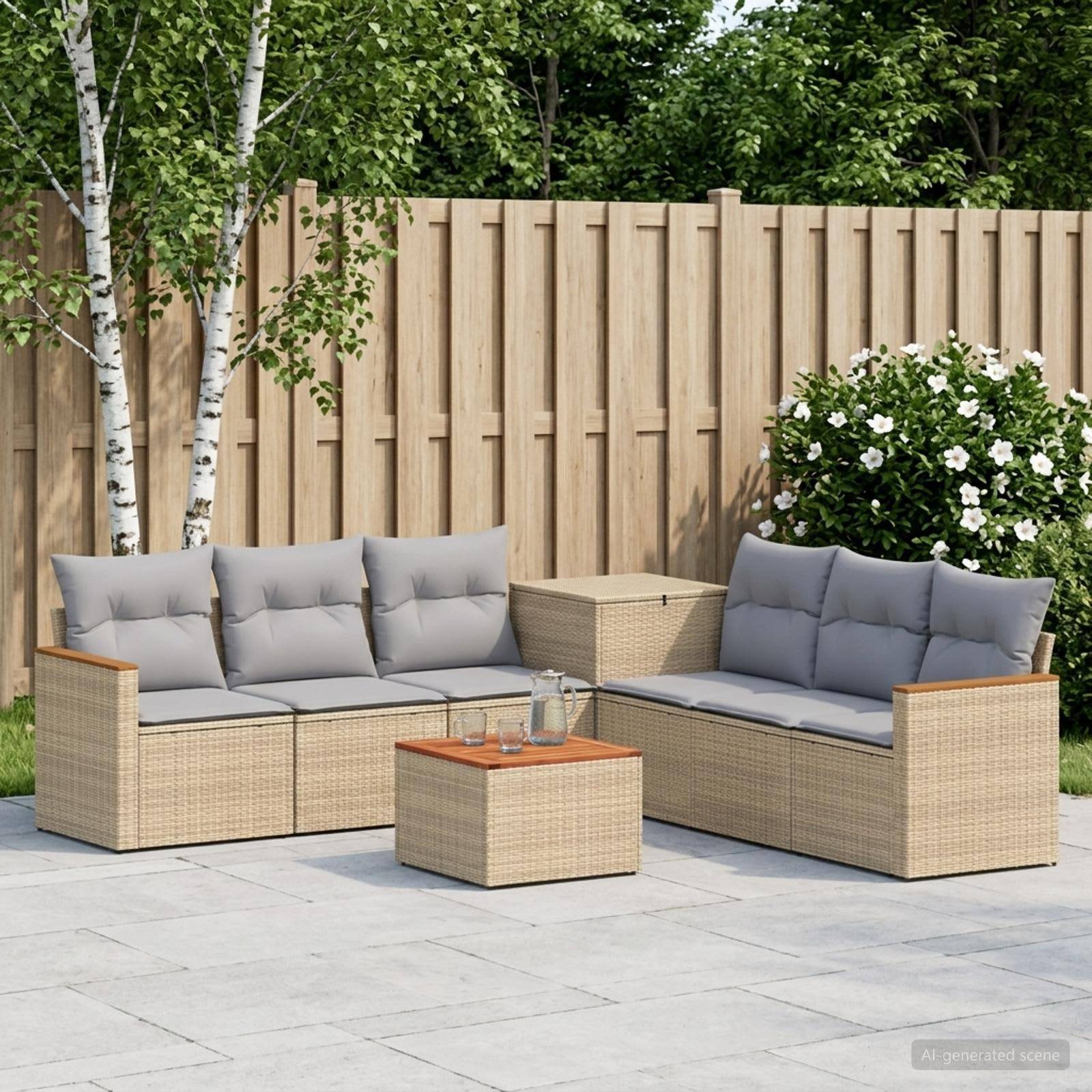 Gartenmbel-Sitzgruppe für die Terrasse mit zwei Korbsofas, einem passenden Ottomane und kleinem Tisch auf einer Steinterrasse neben einem Holzzaun und Sträuchern.