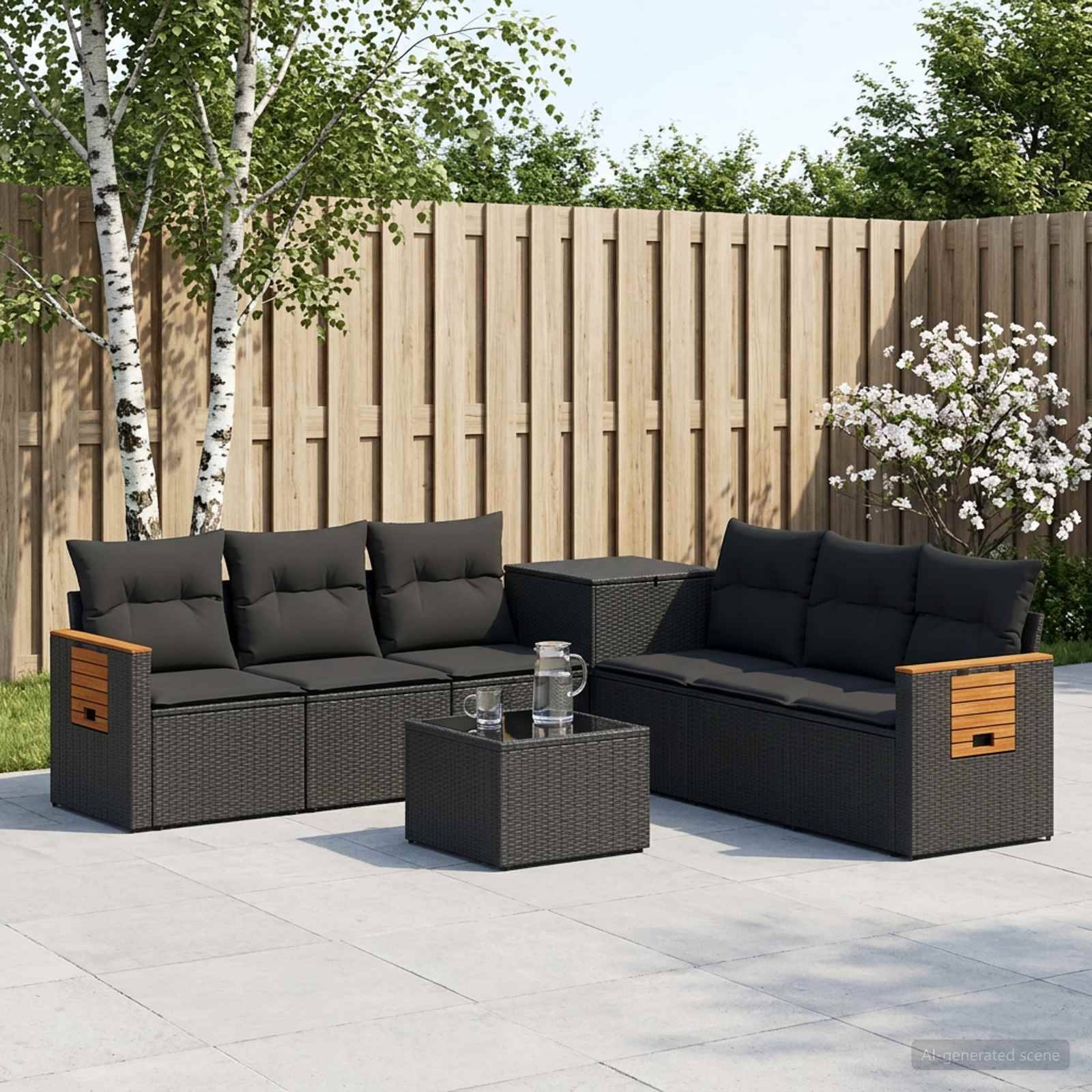 Außenbereich mit Terrassensitzplatz mit zwei schwarzen Rattangarnituren, Couchtisch und Beistelltisch vor einem Holzzaun und Bäumen.