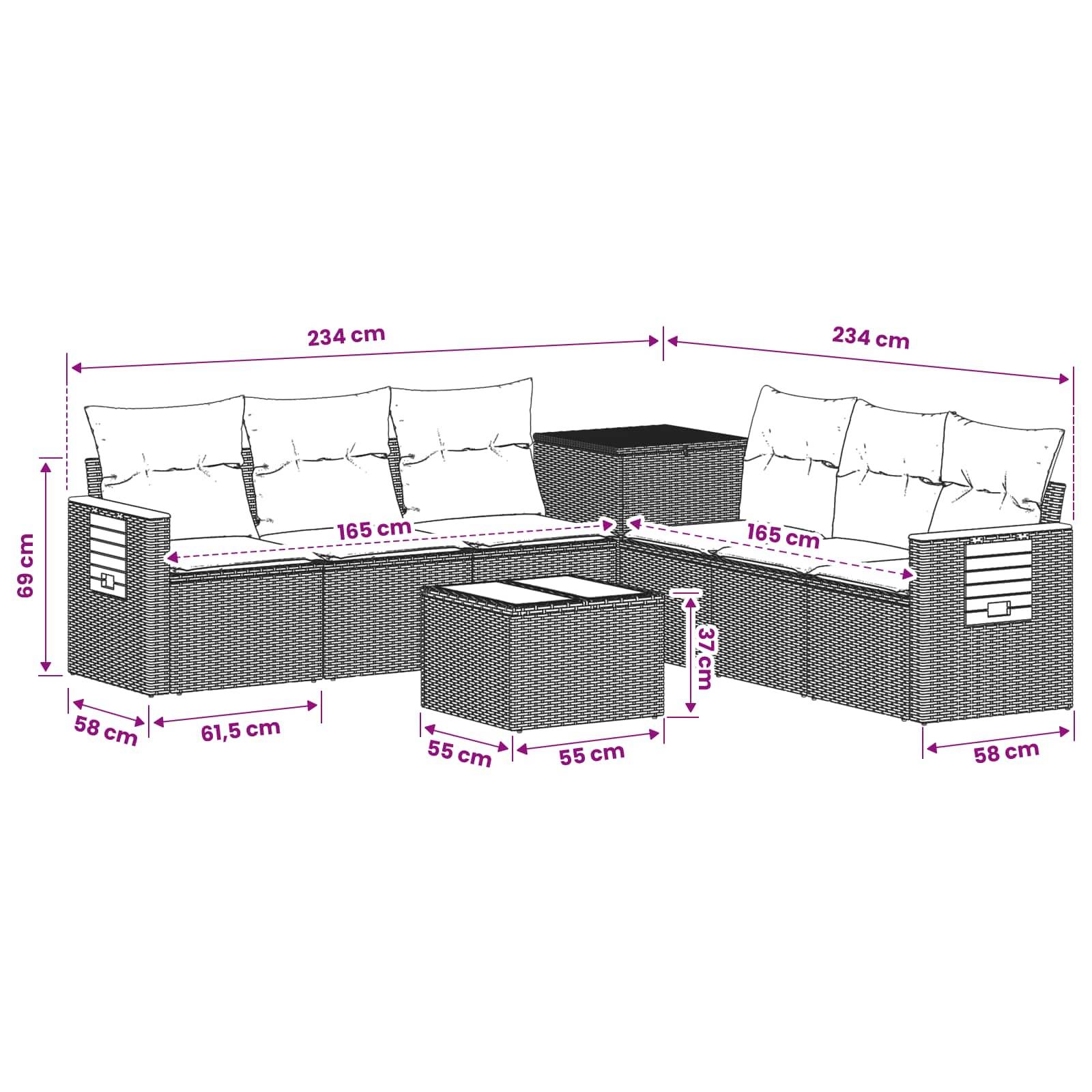 Bemaßtes Diagramm eines L-förmigen Outdoor-Sitzmöbels mit Kissen, Beistelltisch und Couchtisch, mit Gesamt- und Sitzmessungen in Zentimetern.