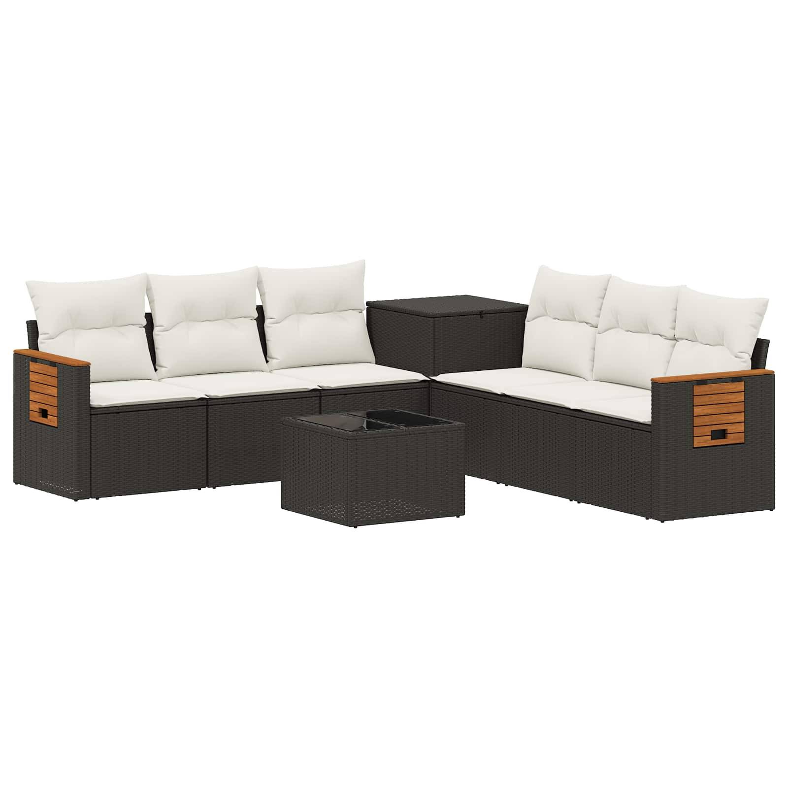 Modulares Außenpatio-Sofaset aus dunklem Polyrattan mit weißen Kissen, Seitenpaneelen und passendem quadratischen Couchtisch auf weißem Hintergrund