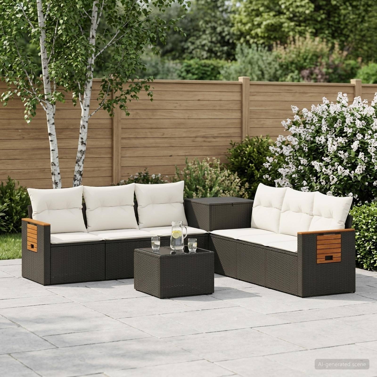 Gartenmöbelset für die Terrasse mit zwei dunklen Rattansofas, weißen Kissen und passendem Couchtisch auf einer gefliesten Terrasse