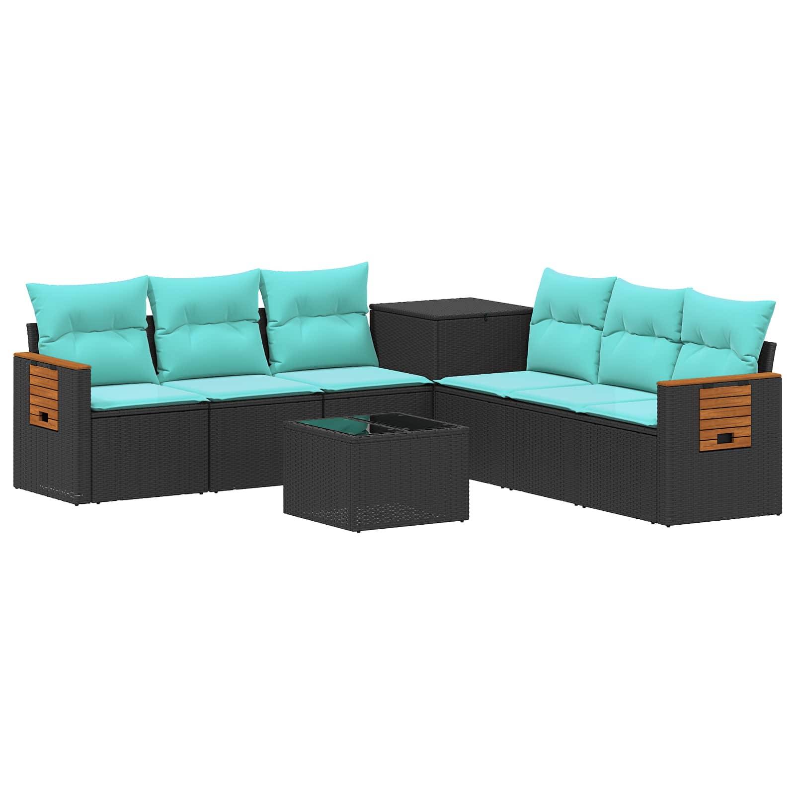 Gartenmöbel-Sektionalsofa mit türkisfarbenen Kissen, schwarz geflochtenen Rahmen, passendem Beistelltisch und quadratischem Couchtisch auf weißem Hintergrund