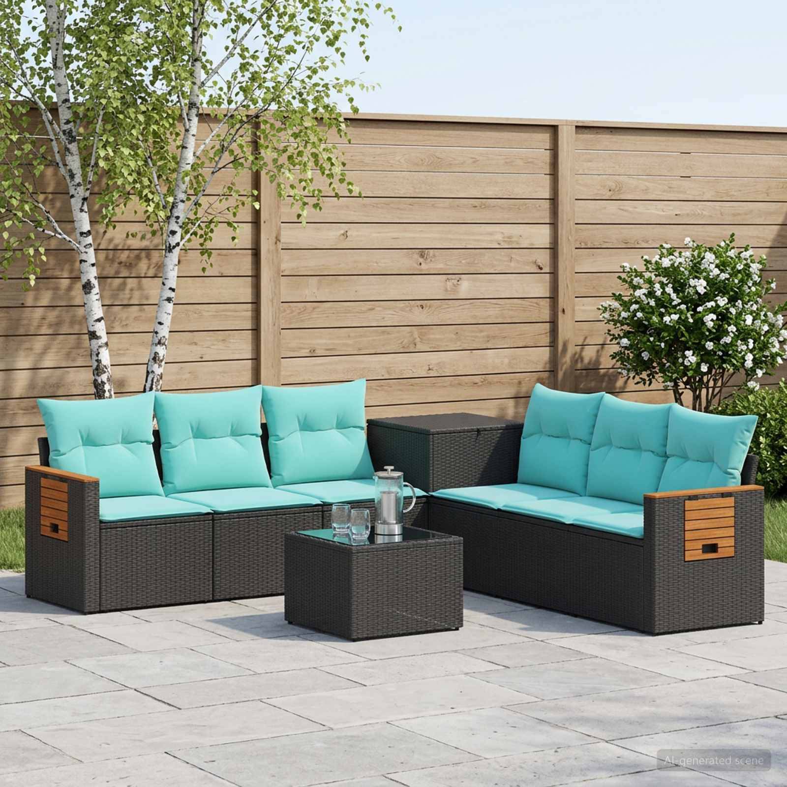 Outdoor-Terrassensitzgruppe mit zwei dunklen Rattan-Sofas, türkisfarbenen Kissen und einem passenden Couchtisch in einem eingezäunten Hinterhof.