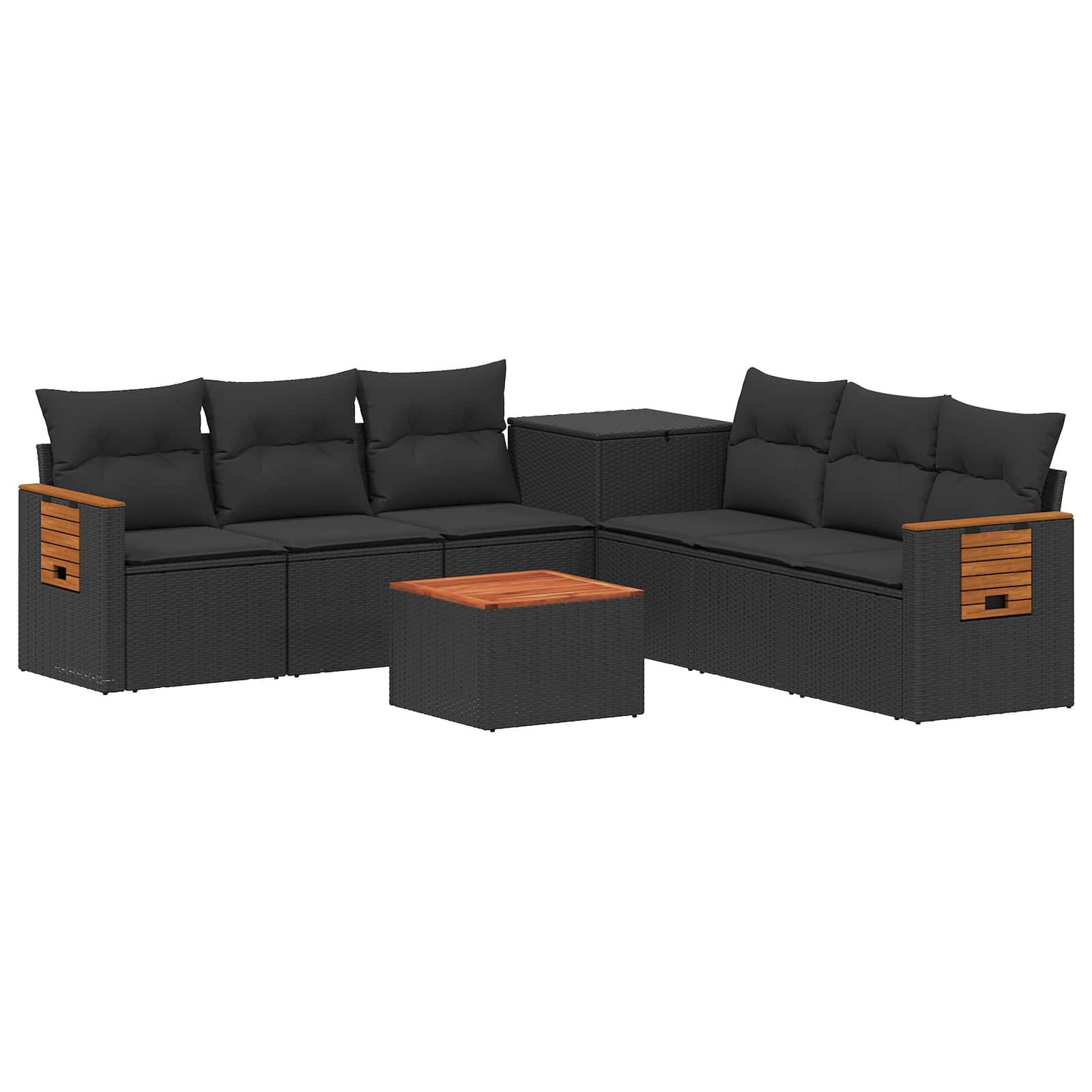 Schwarzes Außen-Ecksofa-Set mit sechs Kissen, Holzarmlehnakzenten und passendem quadratischem Couchtisch auf weißem Hintergrund.