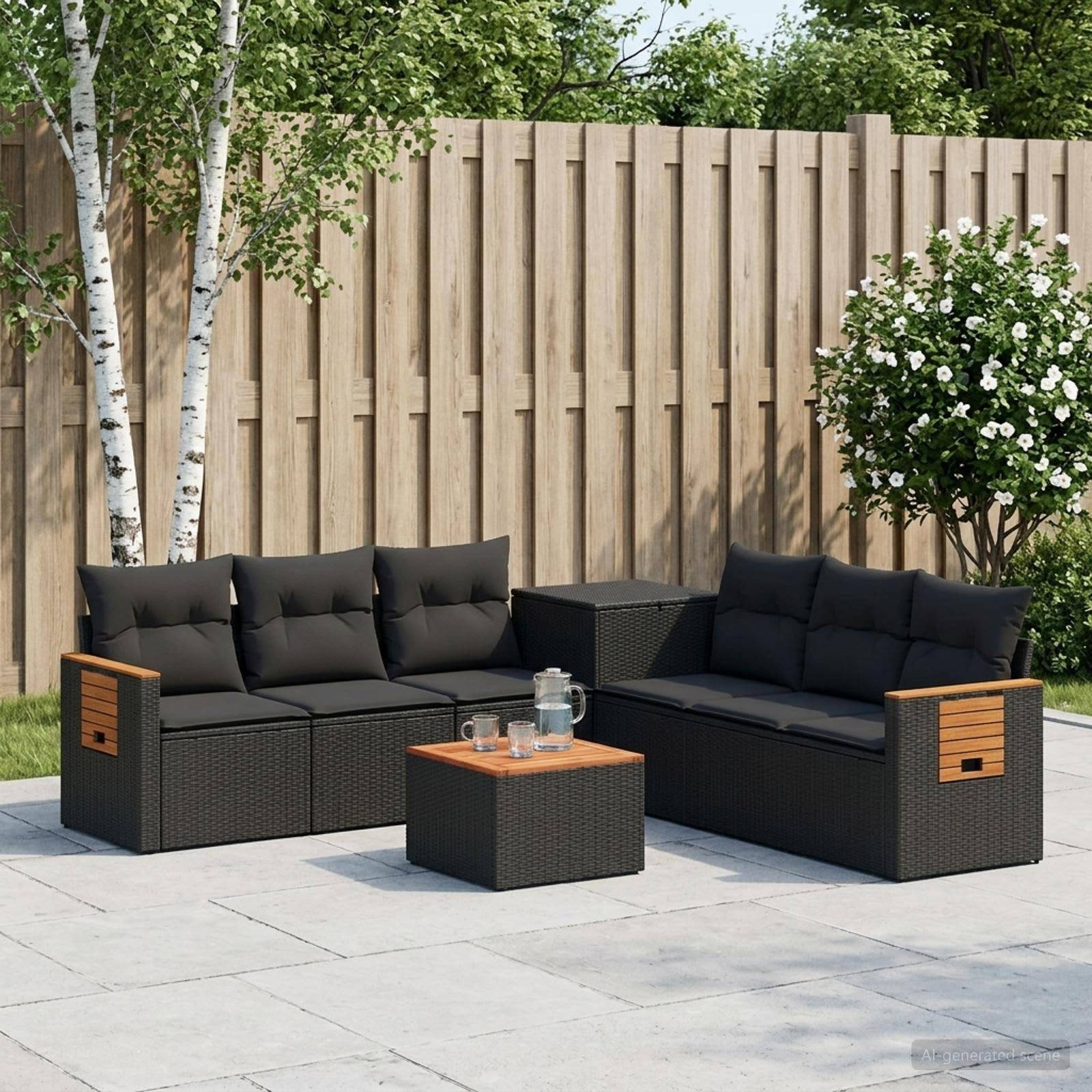 Gartenmöbelset für die Terrasse mit zwei schwarzen Rattansessel, passendem Tisch und Kissen in einem eingezäunten Garten