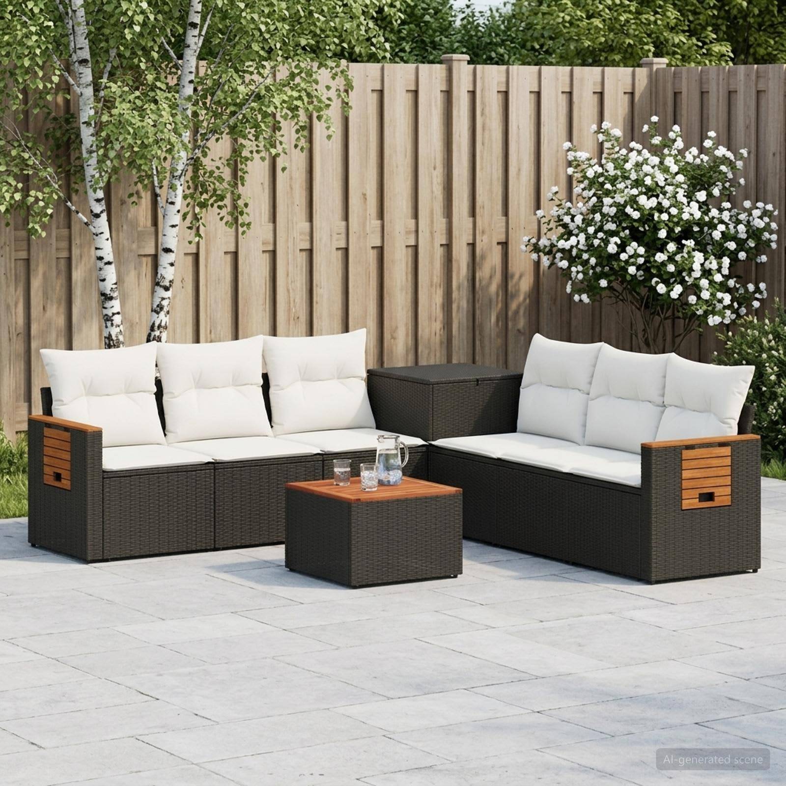 Gartenmöbel-Sitzgruppe mit zwei Korbsofas, Kissen und passenden Couchtischen auf einer gefliesten Terrasse neben einem Holzzaun und einem blühenden Strauch.