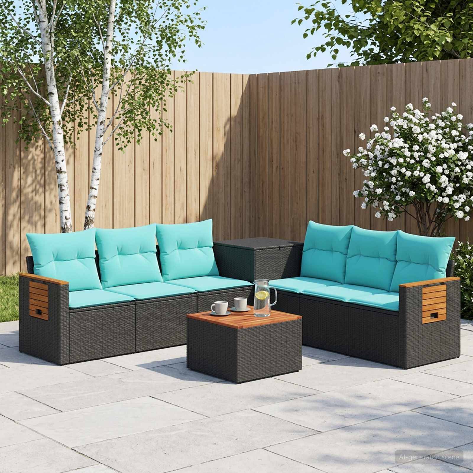 Outdoor-Sitzgarnitur auf der Terrasse mit zwei Rattan-Sofas, türkisfarbenen Kissen und einem passenden Couchtisch auf einer Steinterrasse, neben einem Holzzaun und einem blühenden Strauch.