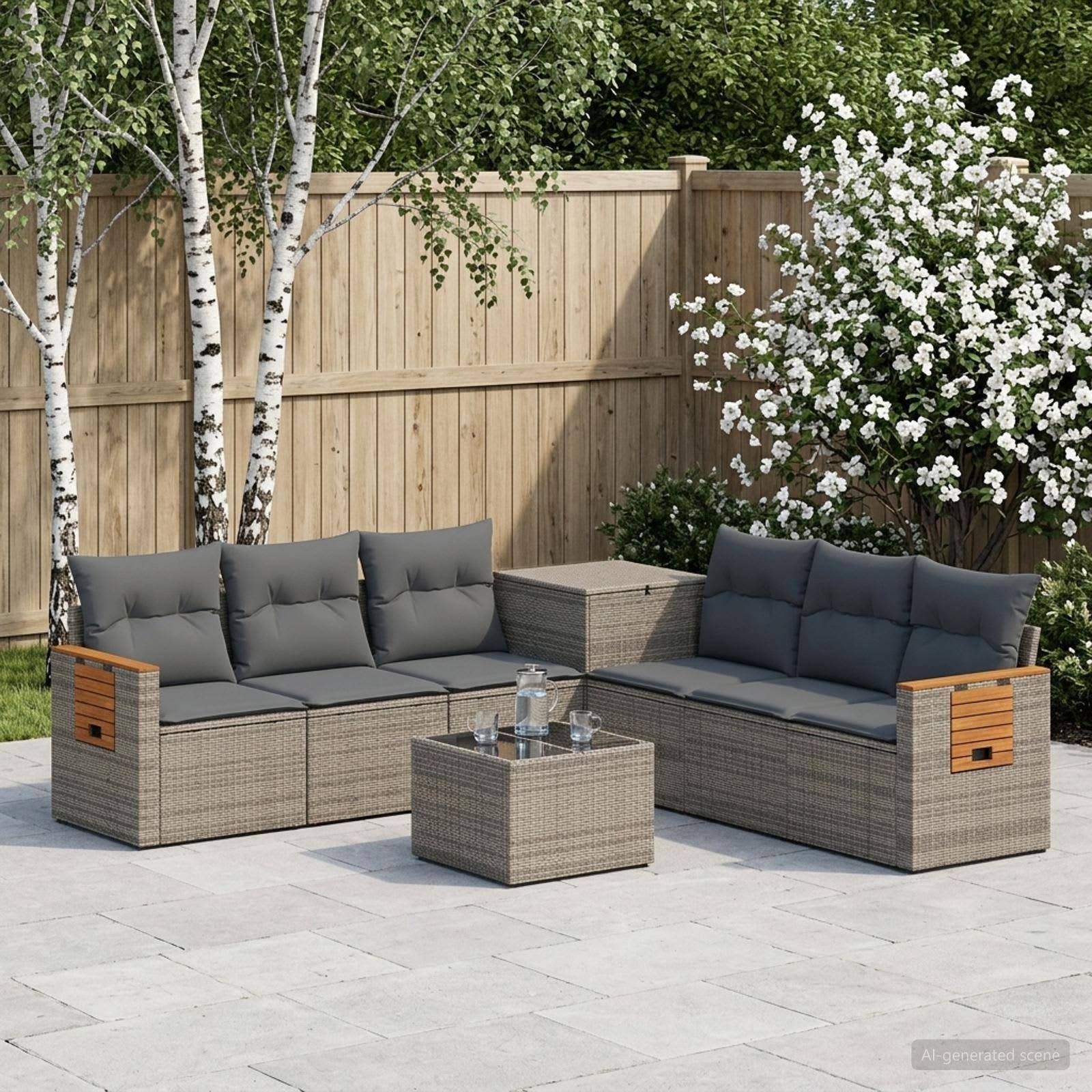 Outdoor-Terrassenmöbel-Set mit zwei grauen Ecksofa-Sesseln, einem passenden Couchtisch und Rattanstil-Rahmen vor einem Holzzaun und blühenden Sträuchern.