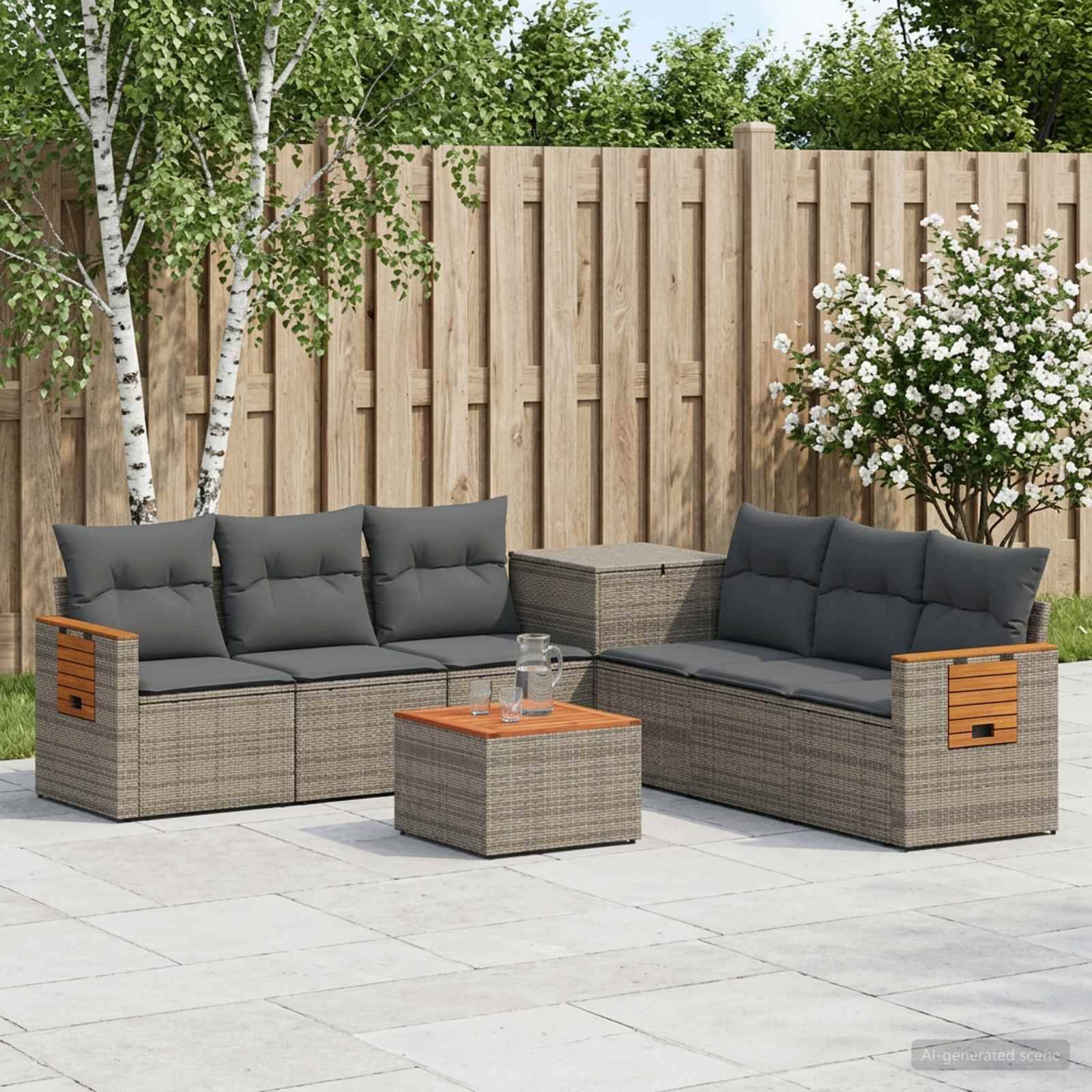 Gartenplatz-Sitzmöbel mit zwei Korb-Stil-Sofas und passendem Couchtisch auf einer gekachelten Terrasse, vor einem Holzzaun mit Bäumen und blühenden Sträuchern.