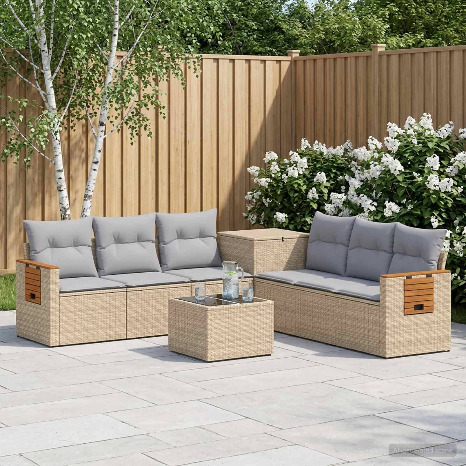 Gartenplatz-Sitzmöbelset mit zwei beigen Rattansofas, passendem Pouf und Couchtisch, grauen Kissen, aufgestellt auf einer gefliesten Terrasse neben einem Holzzaun und blühenden Sträuchern.
