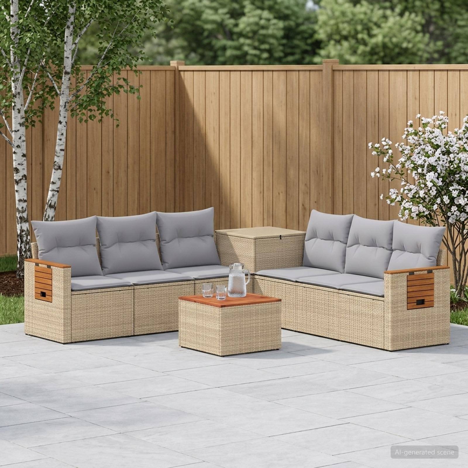Outdoor-Sitzmöbel-Set mit zwei Korbsofas, Couchtisch und Beistelltisch auf einer gefliesten Terrasse vor einem Holzzaun.