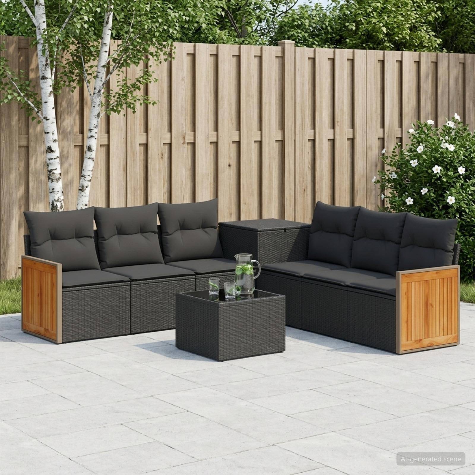 Outdoor-Terrassenbestuhlung mit zwei schwarzen gepolsterten Sofas, passenden Ottomanen und einem kleinen Tisch auf einer Steinterrasse neben einem Holzzaun.