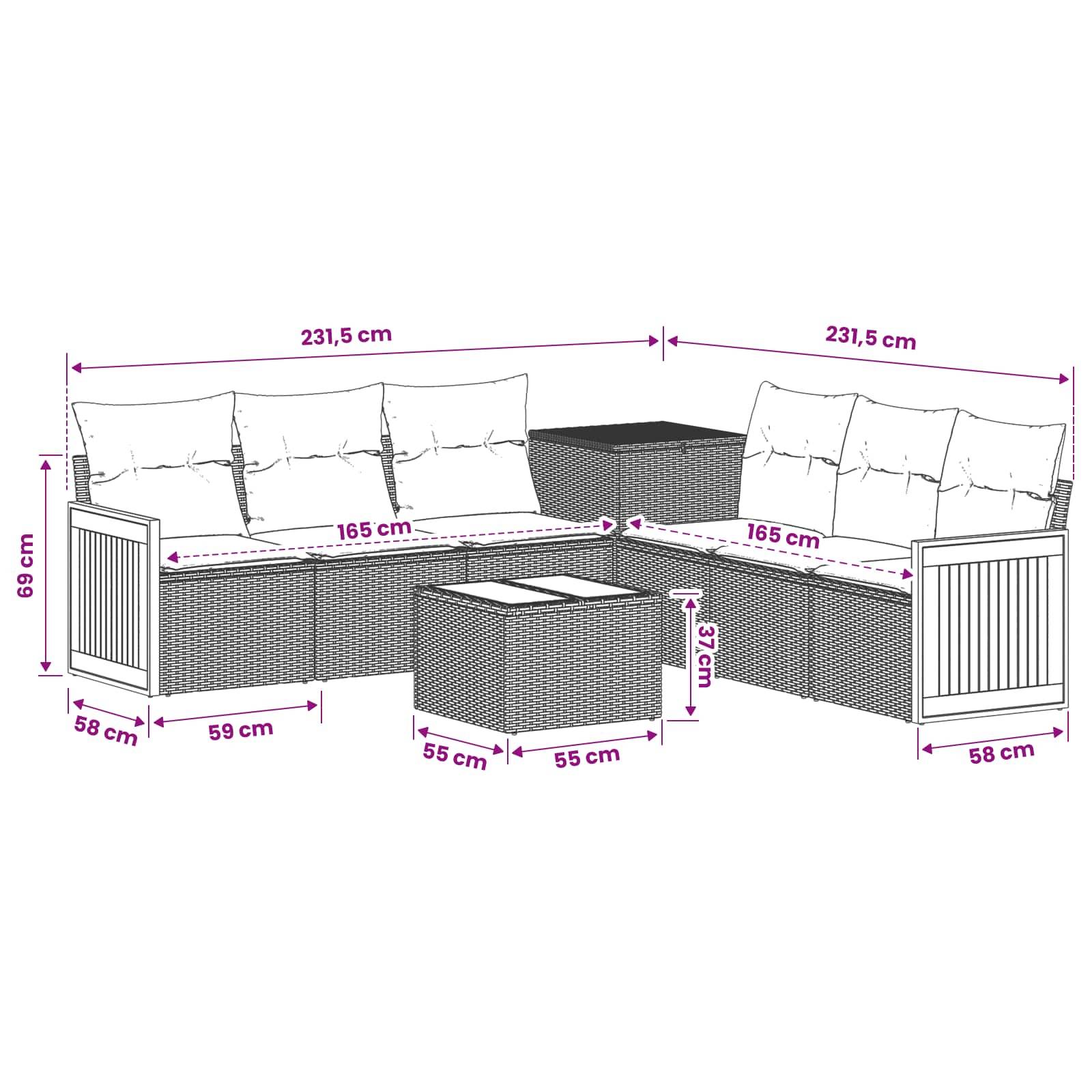 Kommentiertes Diagramm einer L-förmigen Outdoor-Sofagarnitur mit Couchtisch, mit Abmessungen: jede Seite 231,5 cm, Sitzbereite 165 cm, Höhe 69 cm, Tisch 55 x 55 x 37 cm.