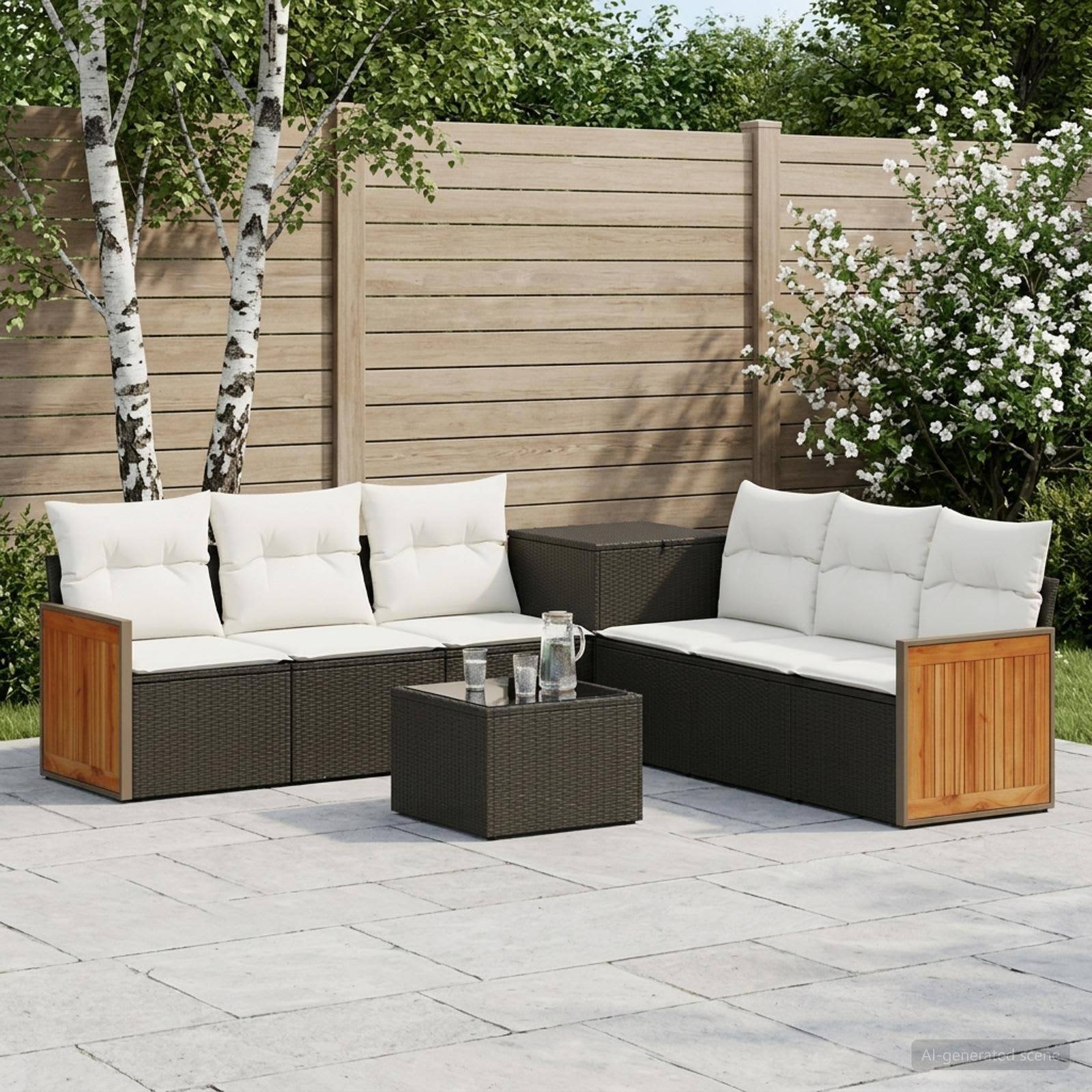 Outdoor-Terrassenmöbelset mit zwei dunklen Korbsofas, weißen Kissen und einem kleinen passenden Couchtisch auf einer Steinterrasse.