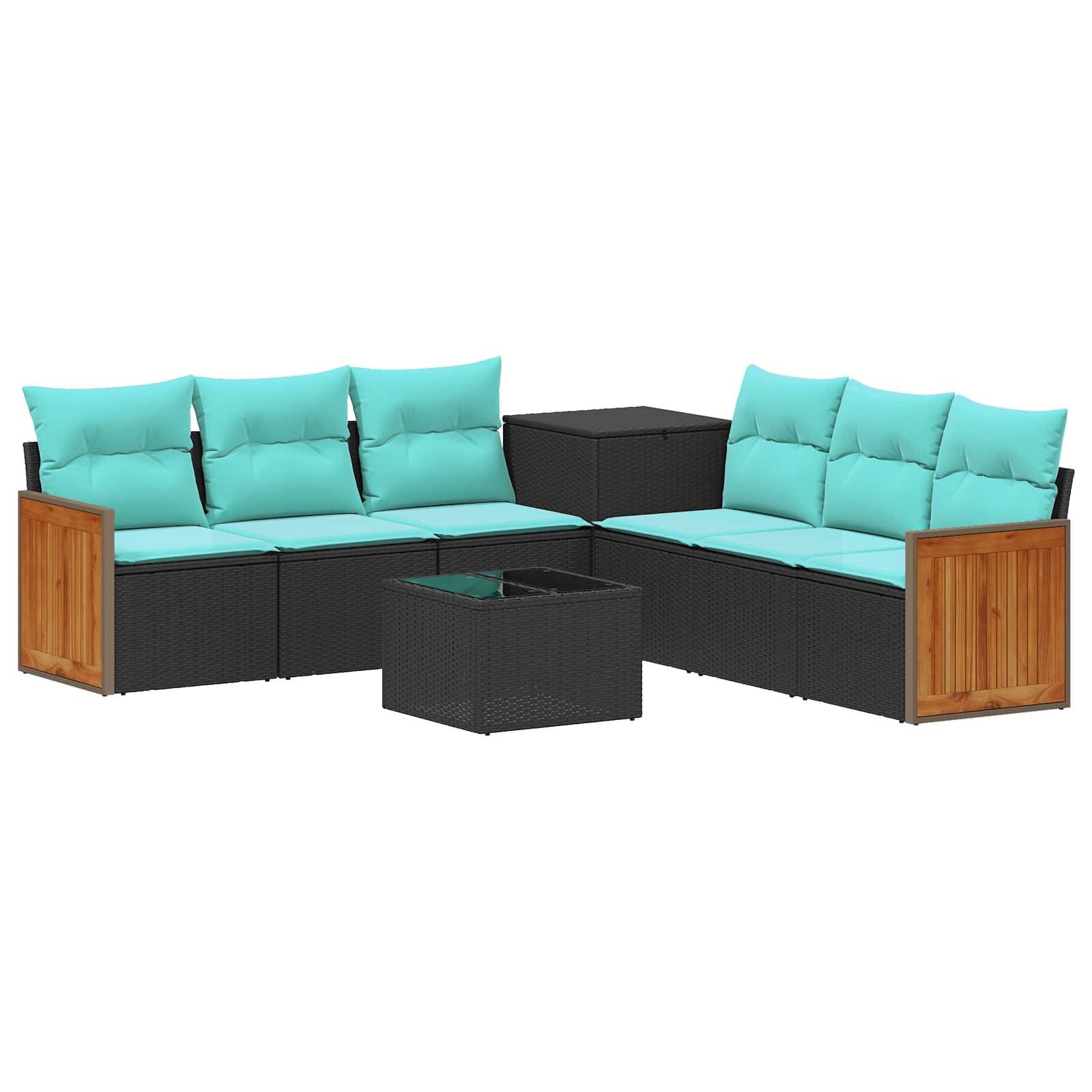Outdoor-Loungeset mit Ecksofa aus schwarzem Rattan mit türkisen Polstern, Holzarmlehnen und passendem quadratischem Couchtisch.
