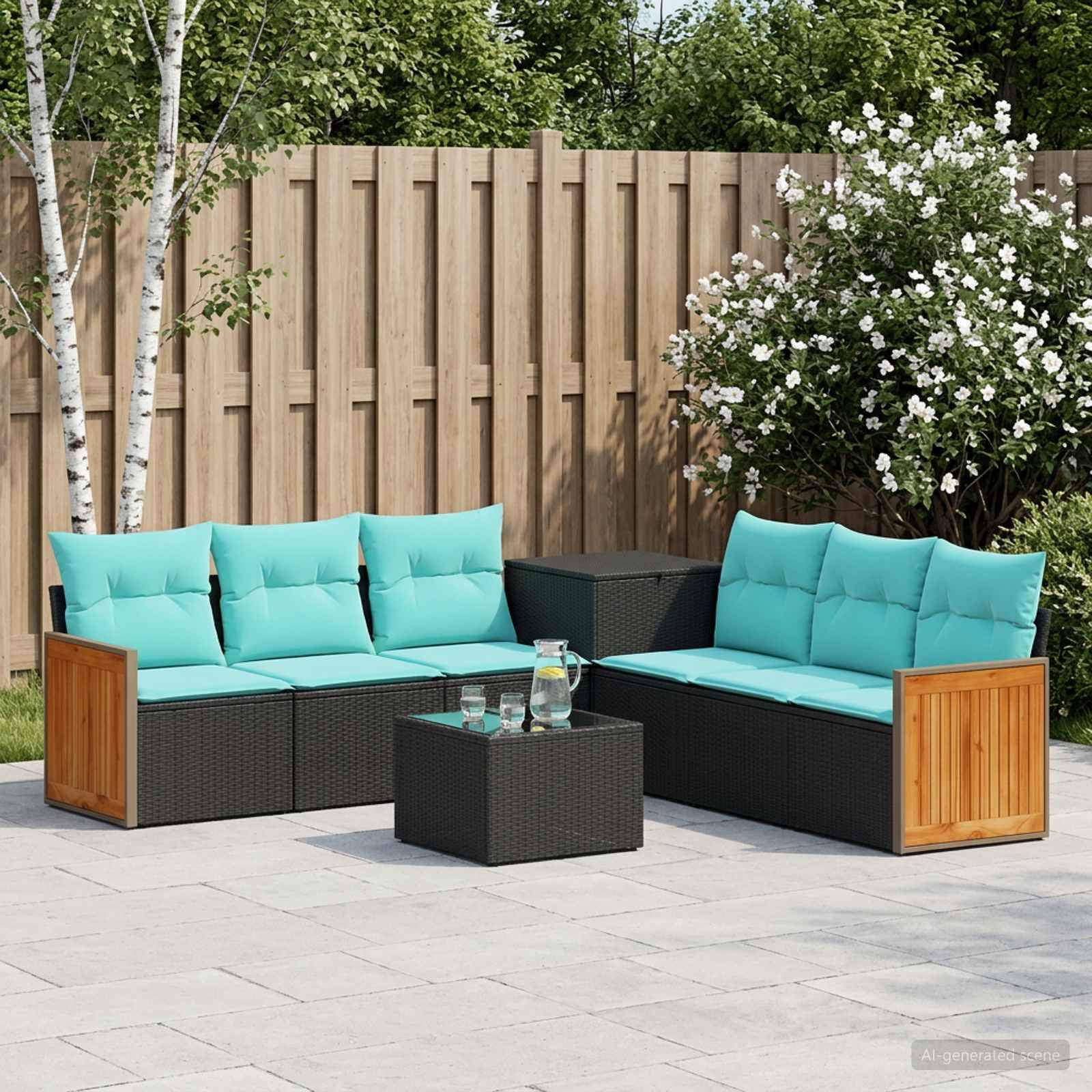 Gartenmöbelset für die Terrasse mit türkisfarbenen Kissen, schwarzen Rattanmöbeln und passendem Tisch auf einer Steinterrasse neben einem Holzzaun und blühenden Sträuchern.