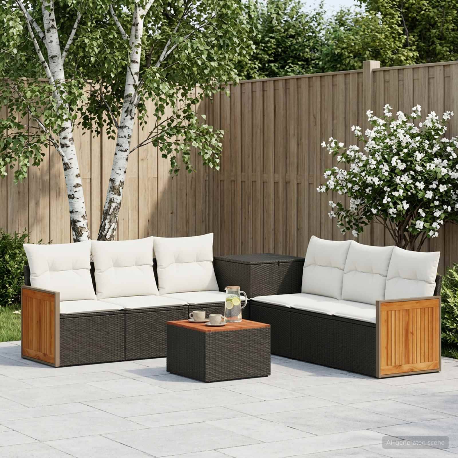 Outdoor-Sitzbereich auf der Terrasse mit zwei Korbsofas, einem passenden Couchtisch und einem kleinen Beistelltisch an einem Holzzaun und Bäumen.