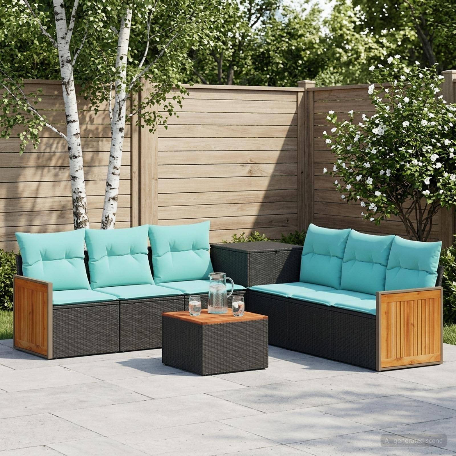 Gartenmöbel-Set für die Terrasse mit zwei türkisfarbenen gepolsterten Ecksofa-Elementen, einem kleinen Couchtisch und einem hölzernen Sichtschutzzaun in einem angelegten Garten.