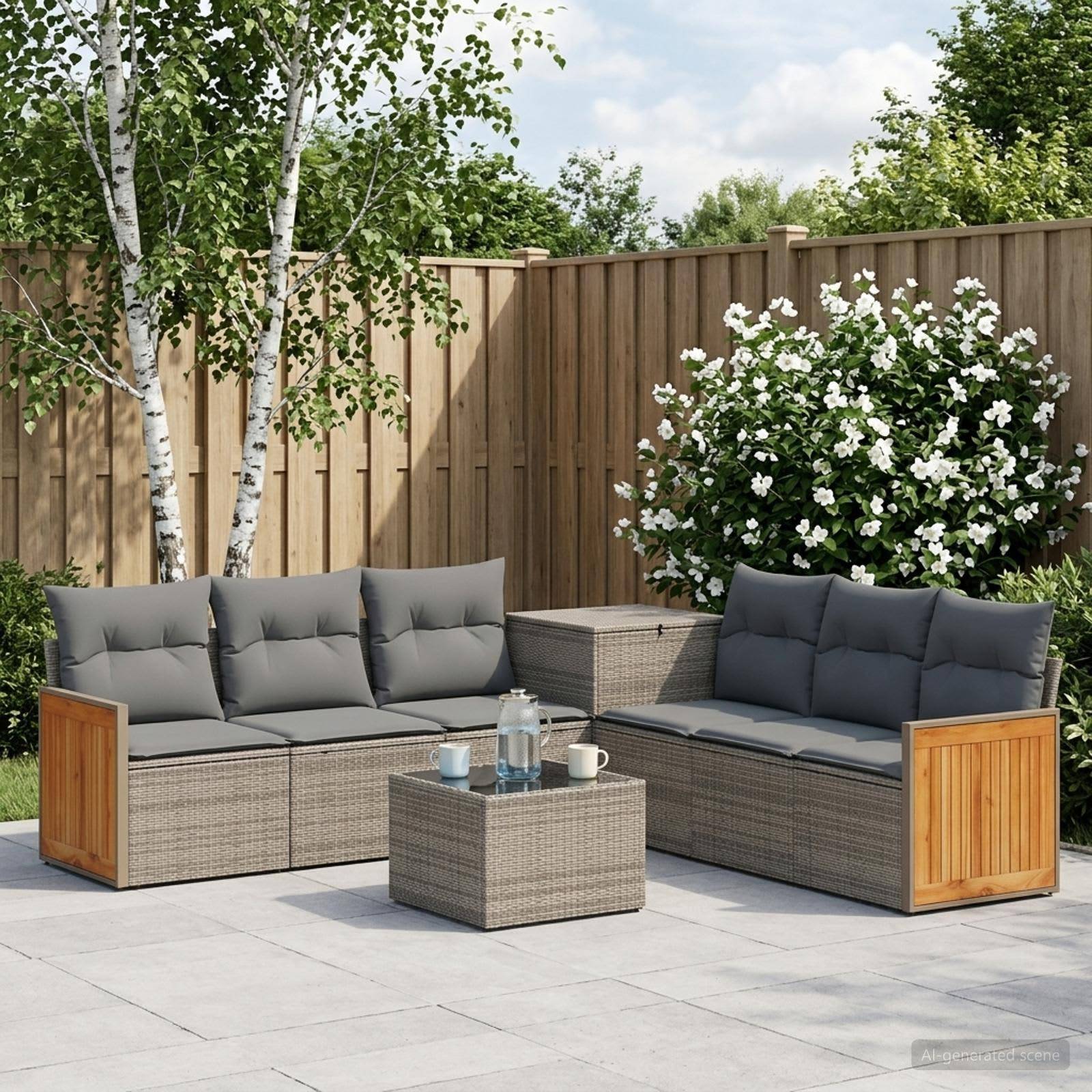 Outdoor-Terrassenmöbelset mit zwei grauen geflochtenen Sofas, passendem Couchtisch und Beistelltisch auf einer gepflasterten Terrasse neben einem Holzzaun und einem blühenden Strauch.