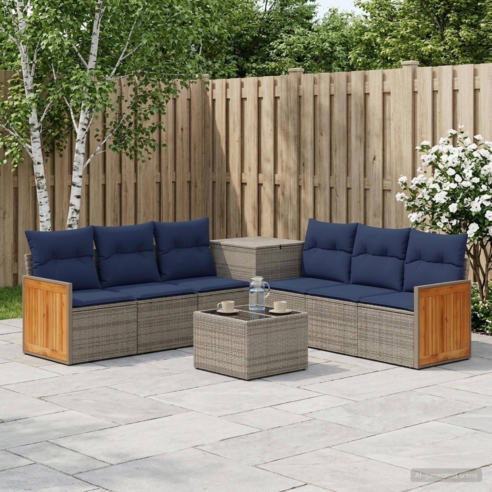 Outdoor-Terrassenmöbelset mit zwei grauen Sectional-Sofas, blauen Kissen, Glastisch und passendem Beistelltisch auf einer gepflasterten Terrasse neben einem Holzzaun und Pflanzen.