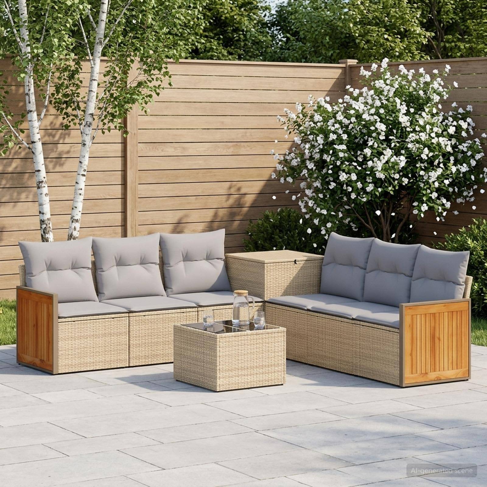 Outdoor-Sitzmöbel-Set mit zwei beigen Korbsofas, passendem Tisch und grauen Kissen in einem eingezäunten Garten mit blühendem Strauch und Bäumen.
