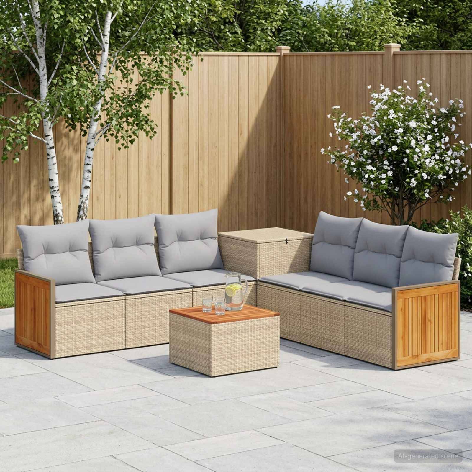 Gartensitzgruppe im Freien mit zwei graugepolsterten Rattansofas, passendem Hocker und Couchtisch auf einem gepflasterten Innenhof neben einem Holzzaun und Bäumen.