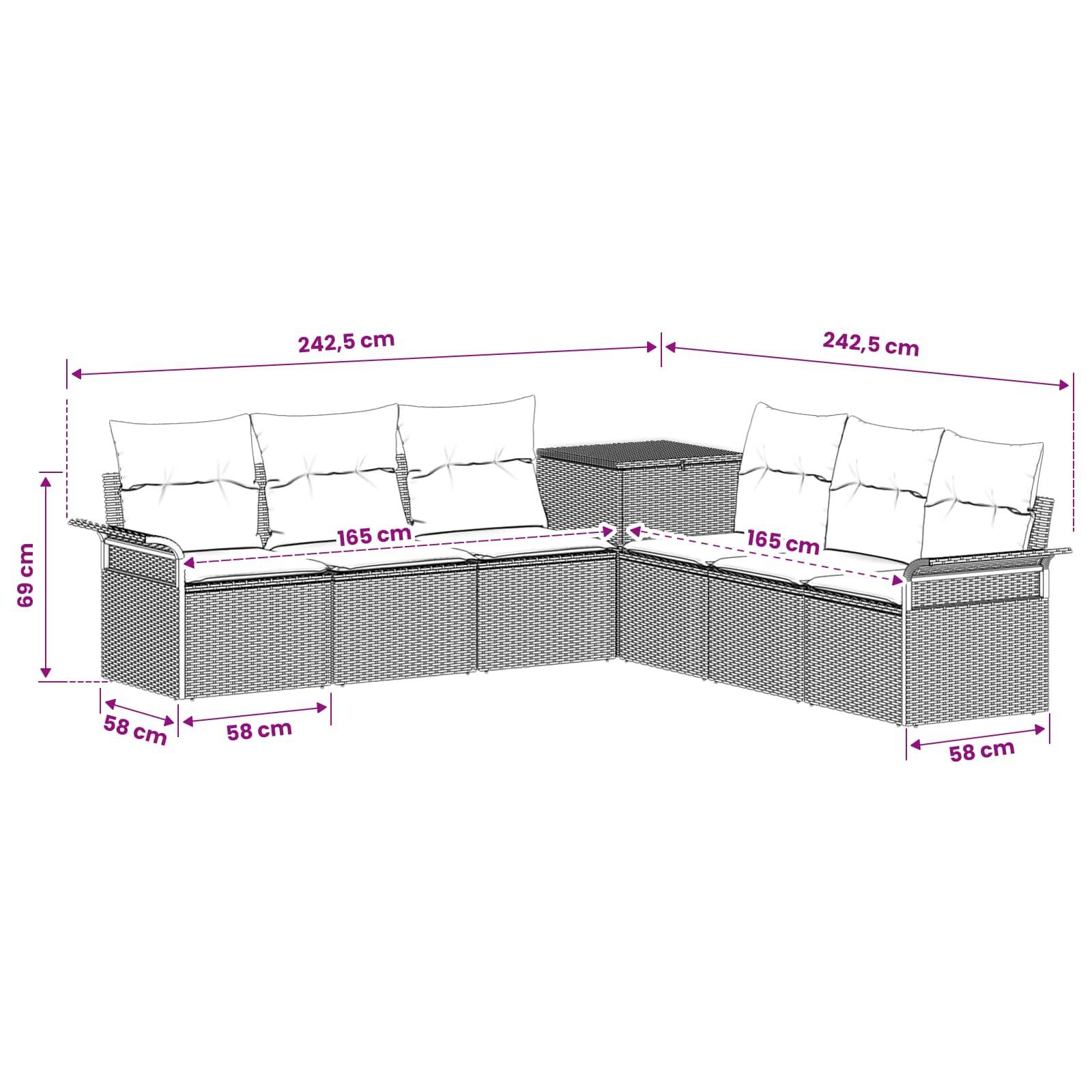 L-förmiges Außen-Ecksofa mit Kissen und Eckentisch, beschriftet mit Abmessungen: 242,5 cm pro Seite, 165 cm Sitzbreite, 69 cm Höhe, 58 cm Tiefe.