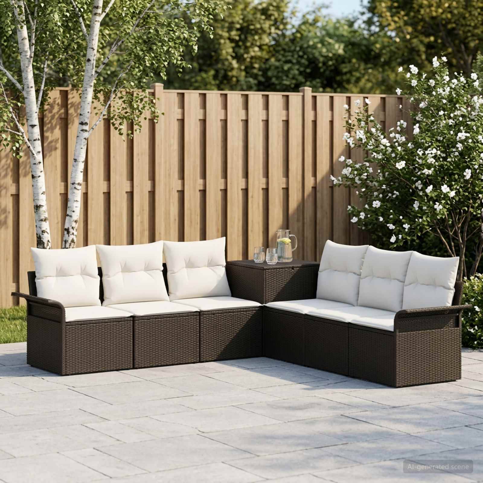 Outdoor-Terrassensitzgarnitur mit zwei dunklen Rattan-Eckgarnituren, weißen Kissen und einem kleinen passenden Tisch neben einem Holzzaun und blühenden Sträuchern.