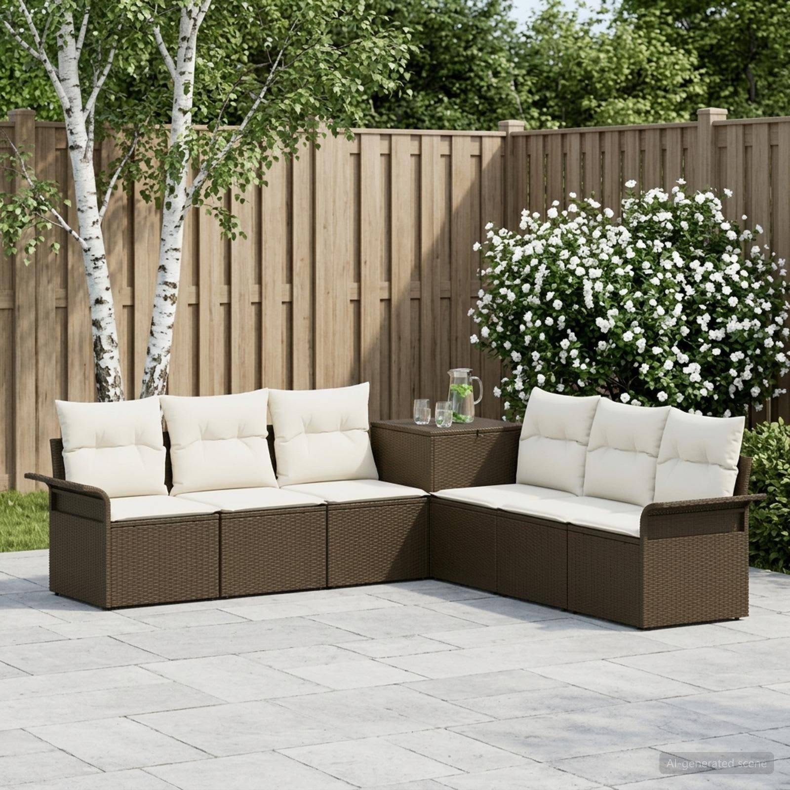 Außenterrasse mit braunem Rattan-Ecksofa, cremefarbenen Kissen und Beistelltisch neben einem Holzzaun und blühendem Strauch.