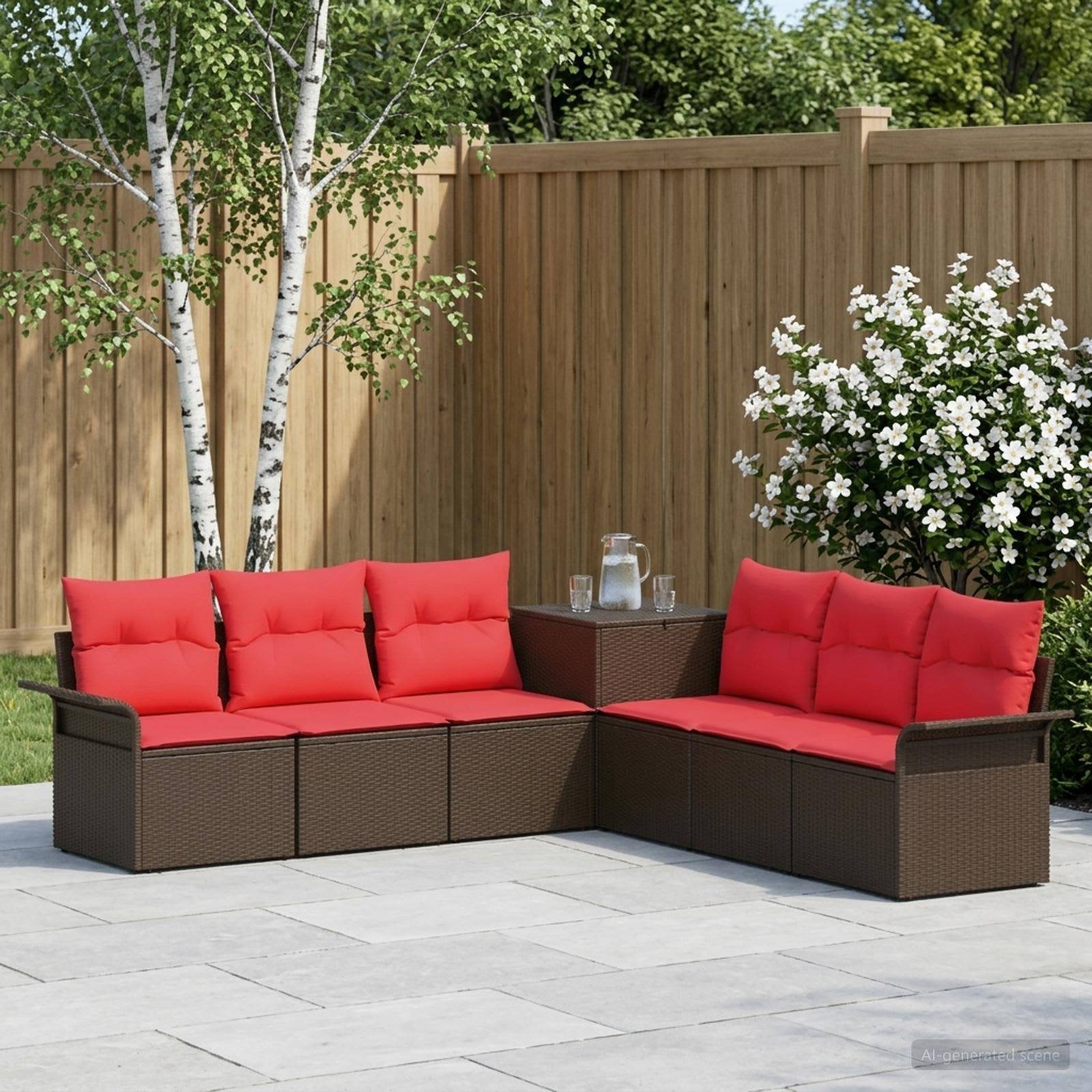 Terrassenbereich im Freien mit zwei braunen Rattansofas und roten Kissen, die um einen kleinen Beistelltisch angeordnet sind, mit einem Holzzaun und blühenden Sträuchern im Hintergrund.