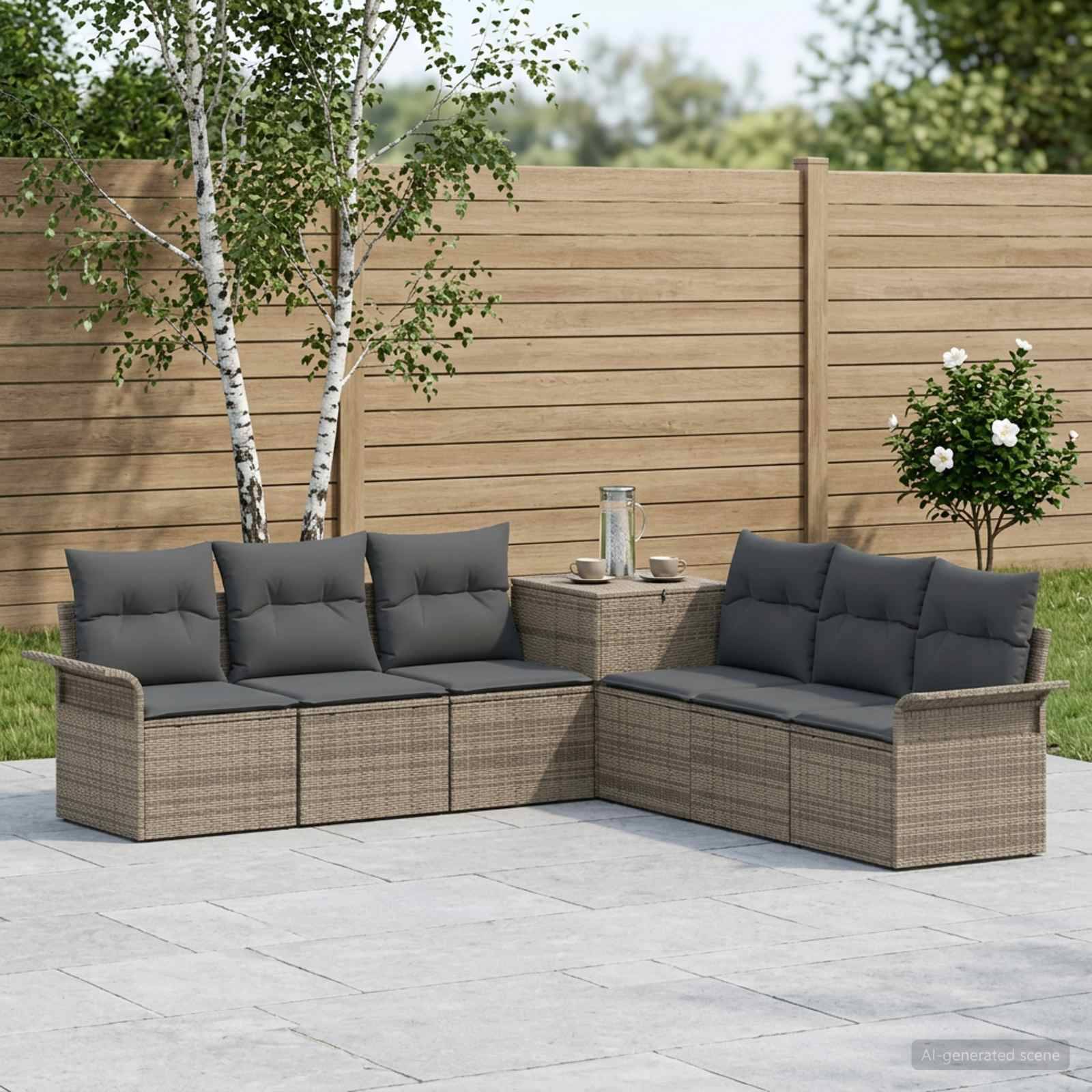 Outdoor-Terrassensofagarnitur mit grauem Polster und passendem Tisch auf einer gepflasterten Terrasse, mit Holzzaun und Bäumen im Hintergrund.