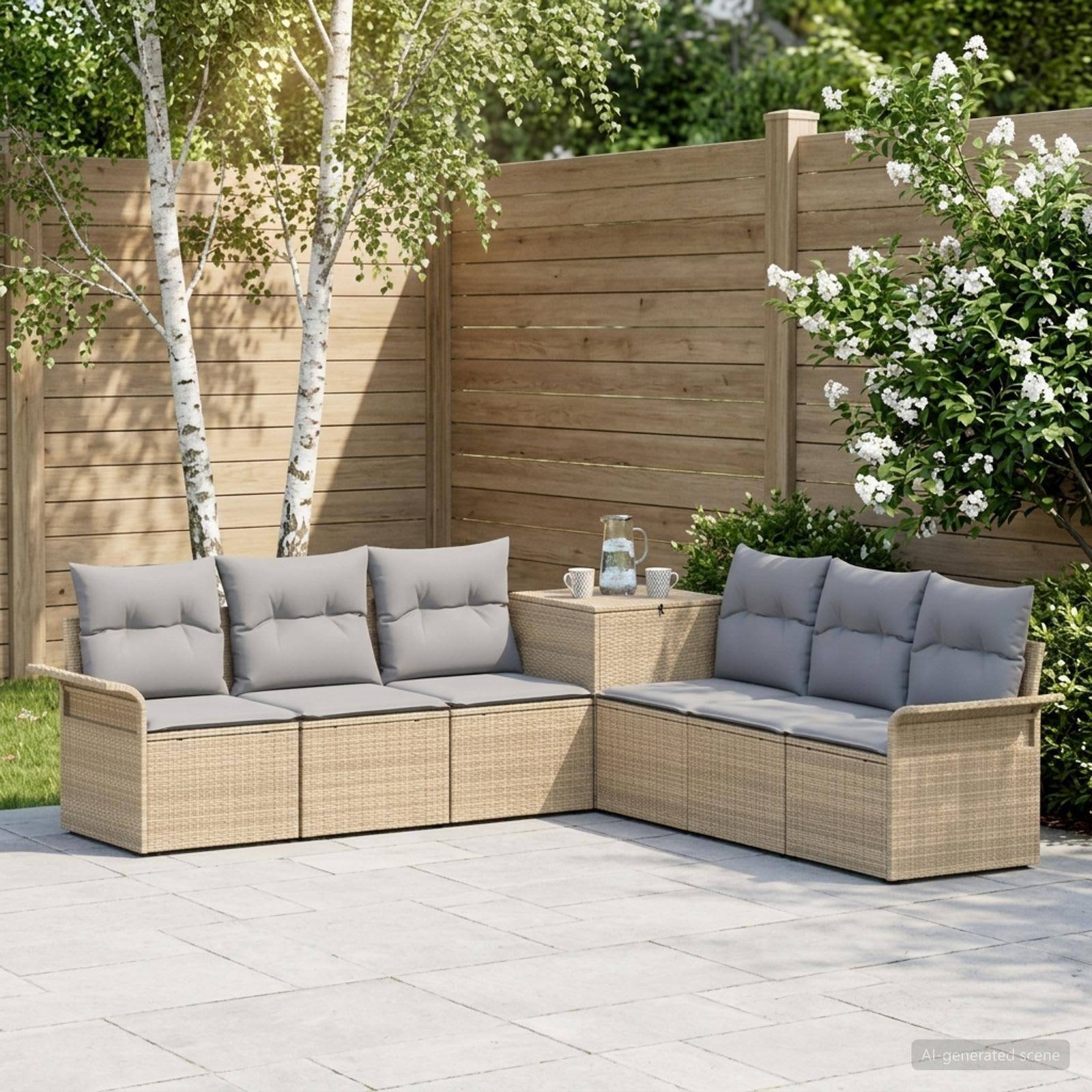 Gartenplatz-Sitzmöbelset mit zwei Korbsofas, grauen Kissen und einem kleinen Beistelltisch neben einem Holzzaun und Birkenbaumen.