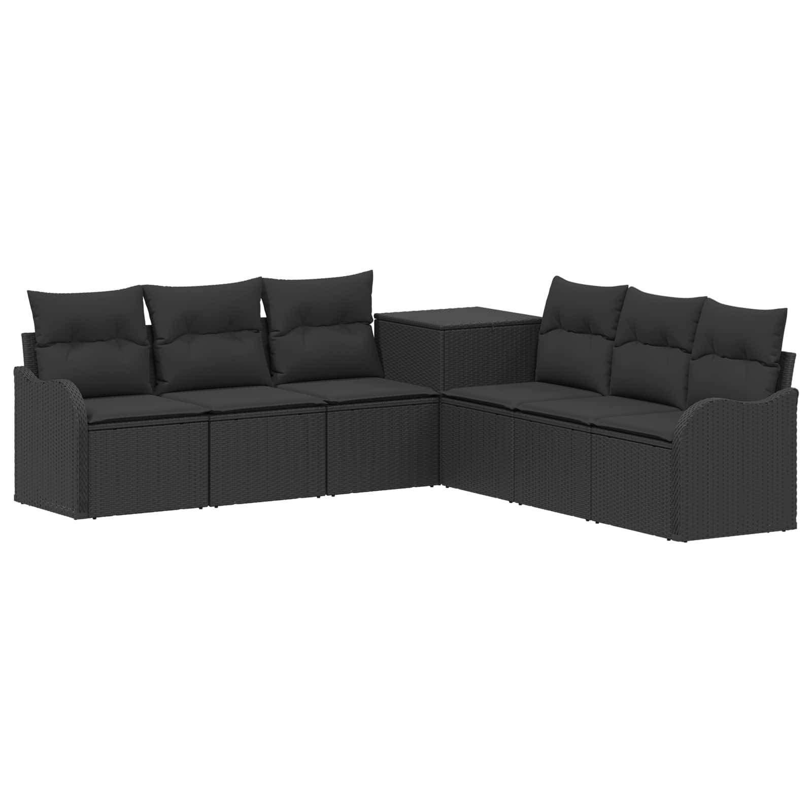 Schwarzes modulares Außensofa mit zwei Zweisitzern und einem Couchtisch auf weißem Hintergrund.