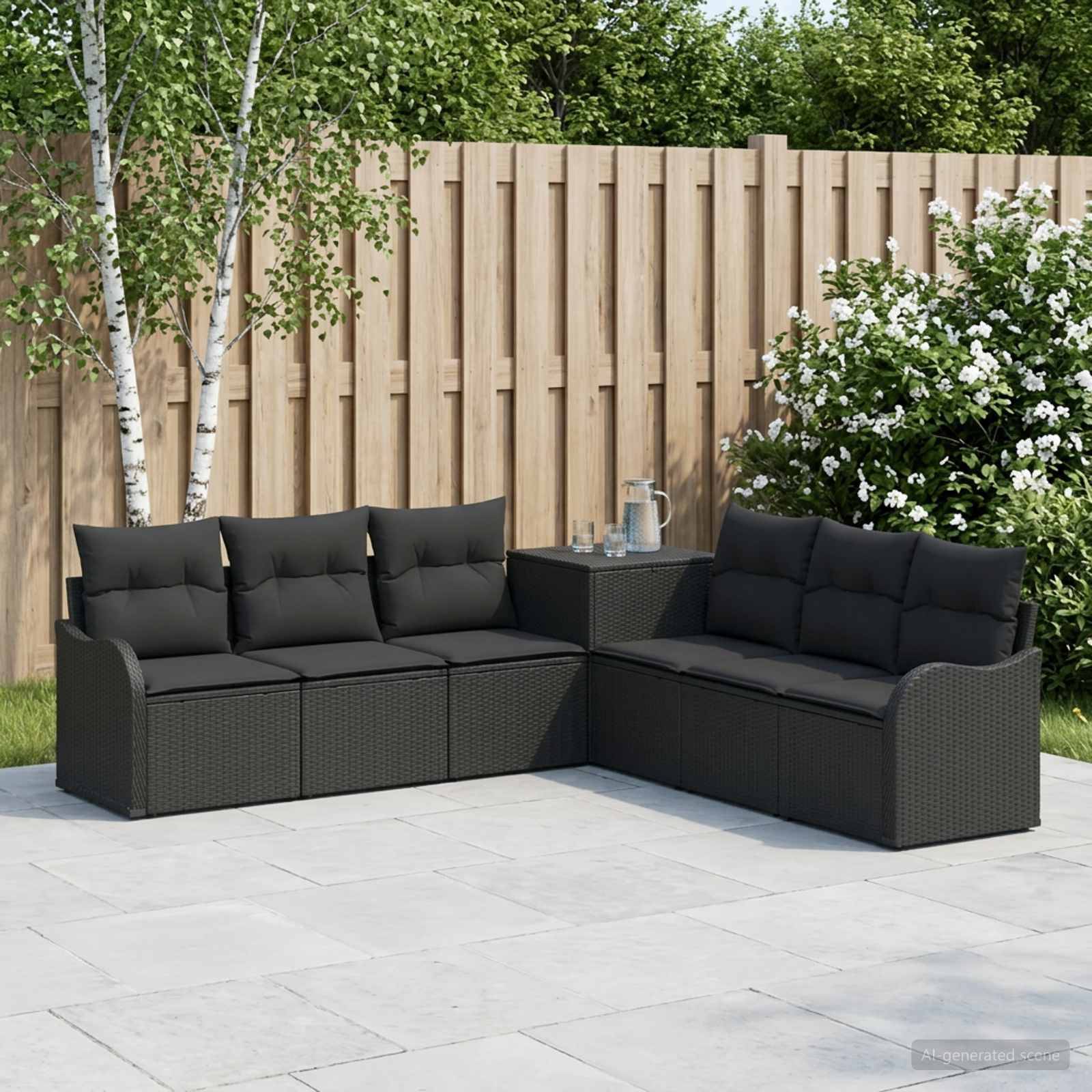 Außensitzgarnitur auf der Terrasse mit zwei schwarzen gepolsterten Sofas und einem kleinen Beistelltisch auf einer gepflasterten Terrasse neben einem Holzzaun und Grünflächen.