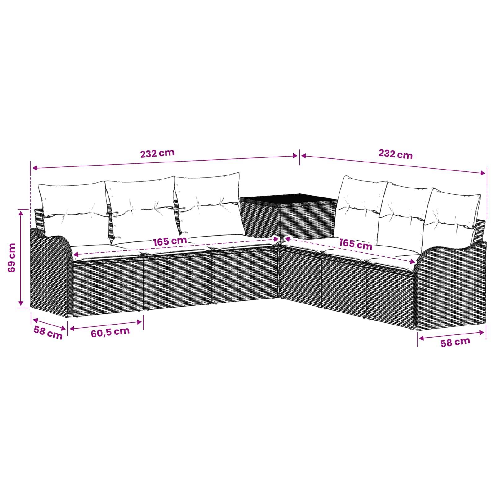 Diagramm eines L-förmigen Korbgeflecht-Außensofas mit zwei 232 cm Abschnitten, 69 cm Höhe, 58 cm Armtiefe, 165 cm Sitztiefen und einem Eckstisch.