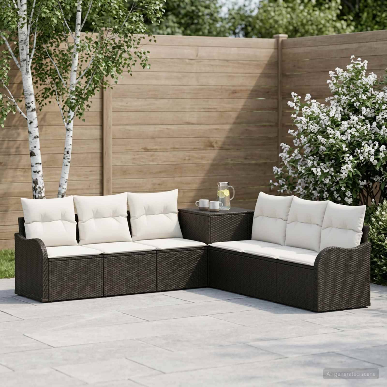 Außenbereich-Sitzgarnitur mit dunklem Polyrattan-Ecksofa und cremefarbenen Kissen neben einem kleinen Tisch, vor einem Holzzaun mit Birken und blühenden Sträuchern.