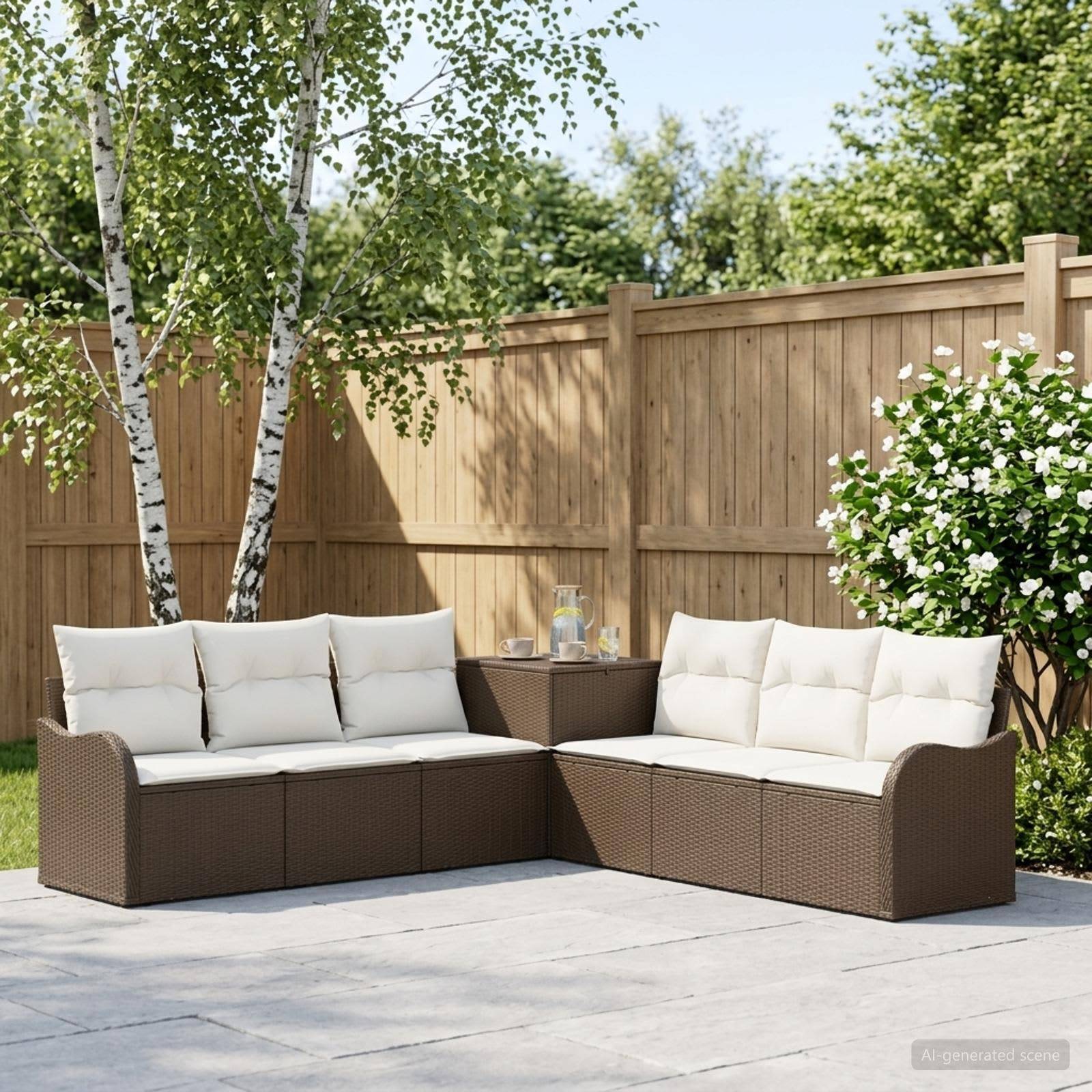 Außenterrasse mit braunem Polyrattan-L-förmigem Ecksofa, weißen Kissen und kleinem Beistelltisch neben einem Holzzaun und einer Birke