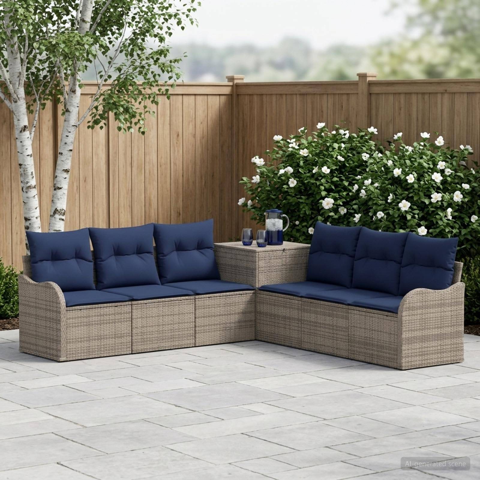 Outdoor-Sitzmöbelset für die Terrasse mit zwei Sofas im Rattanoptik, marineblauen Kissen und einem passenden Eckentisch in einem eingezäunten Gartenbereich.