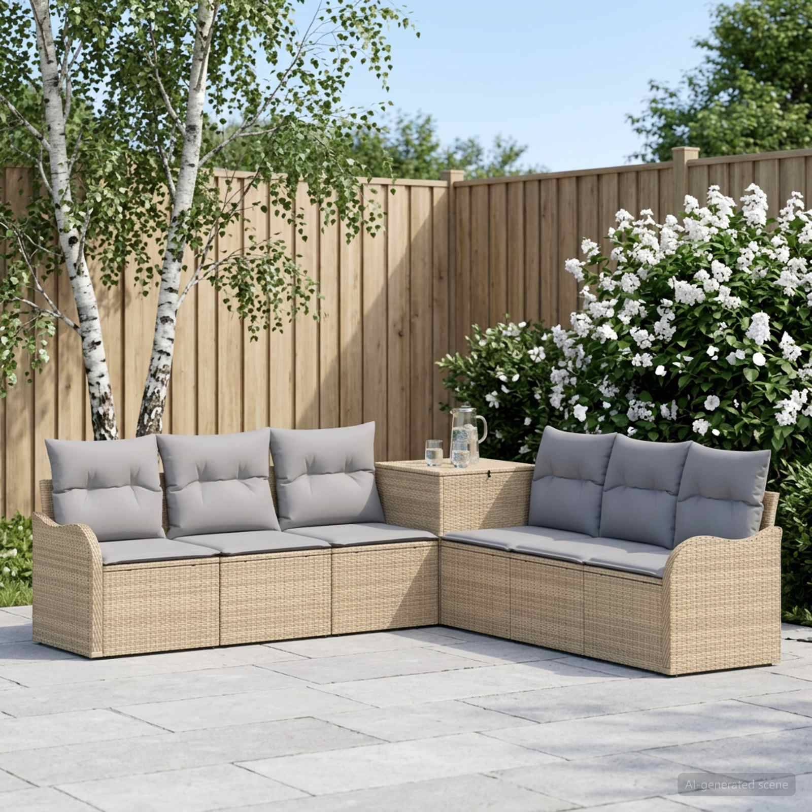 Outdoor-Terrasse mit beigem Rattan-Ecksofa und grauen Kissen, neben einem kleinen Tisch mit Glaskrug und Gläsern, vor einem Holzzaun und blühenden Sträuchern.