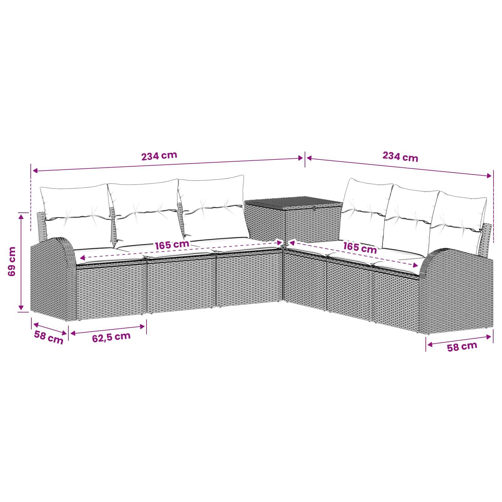 Diagramm eines modularen Polyrattan-Ecksofa für die Terrasse mit Kissen und Tisch, beschriftet mit den Abmessungen 234 cm, 165 cm, 69 cm, 62,5 cm und 58 cm.