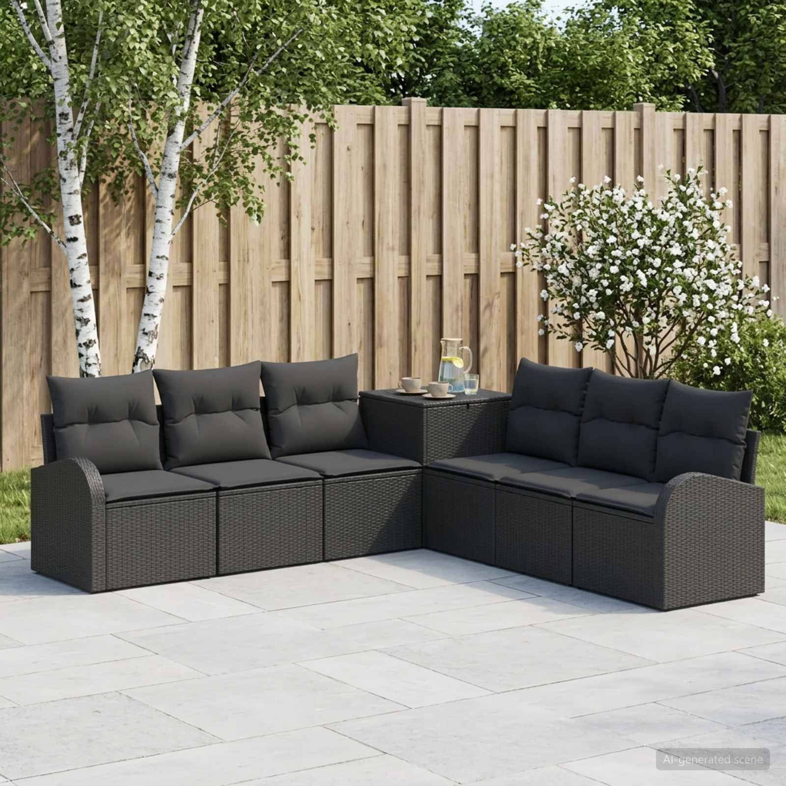 Terrassensitzbereich mit dunklem Rattan-Ecksofa, Kissen und Beistelltisch auf einer gefliesten Terrasse neben einem Holzzaun und blühenden Sträuchern.