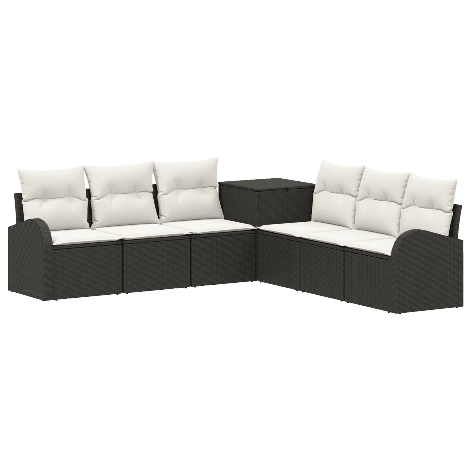 Schwarzes Outdoor-Ecksofa-Set mit weißen Kissen und passendem Eckentisch auf weißem Hintergrund.