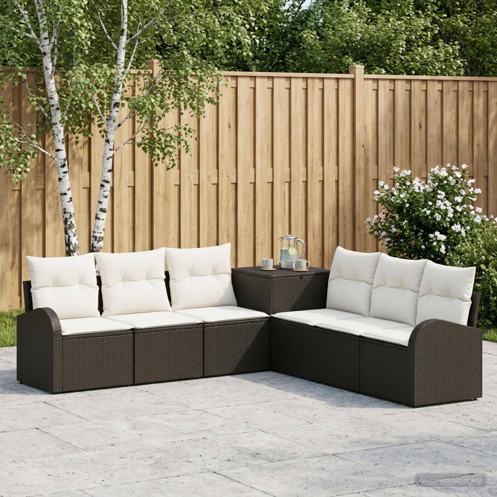 Outdoor-Sitzgarnitur auf der Terrasse mit dunkelgeflochtenem Ecksofa, weißen Polstern und kleinem Tisch auf einer Steinterrasse neben einem Holzzaun und Bäumen.
