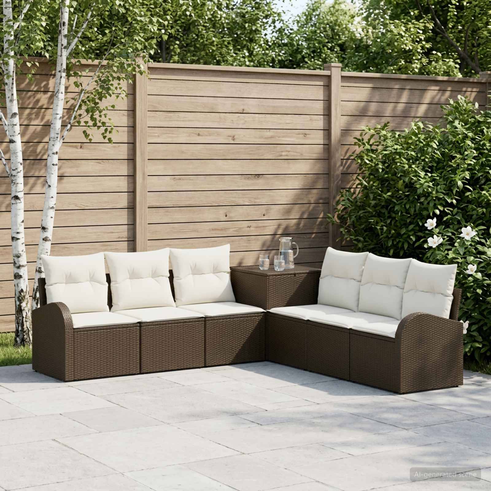 Sitzgarnitur für die Terrasse im Freien mit braunem Rattansektional und weißen Kissen neben einem Holzzaun, Birken und Gebüsch.