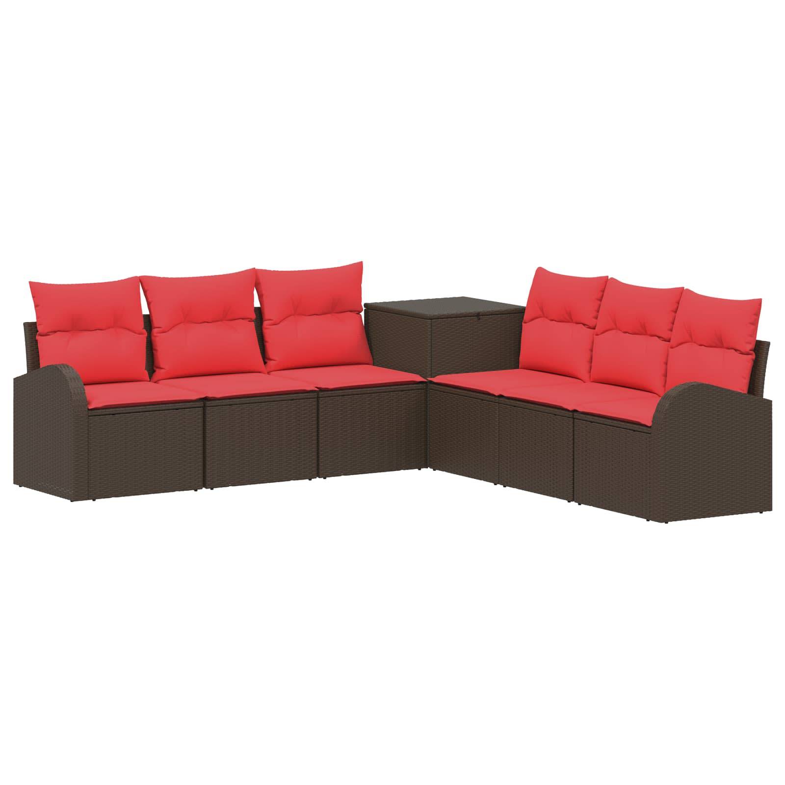 Braun und rot gefärbtes Gartensofá mit Eckentisch, dargestellt auf weißem Hintergrund.