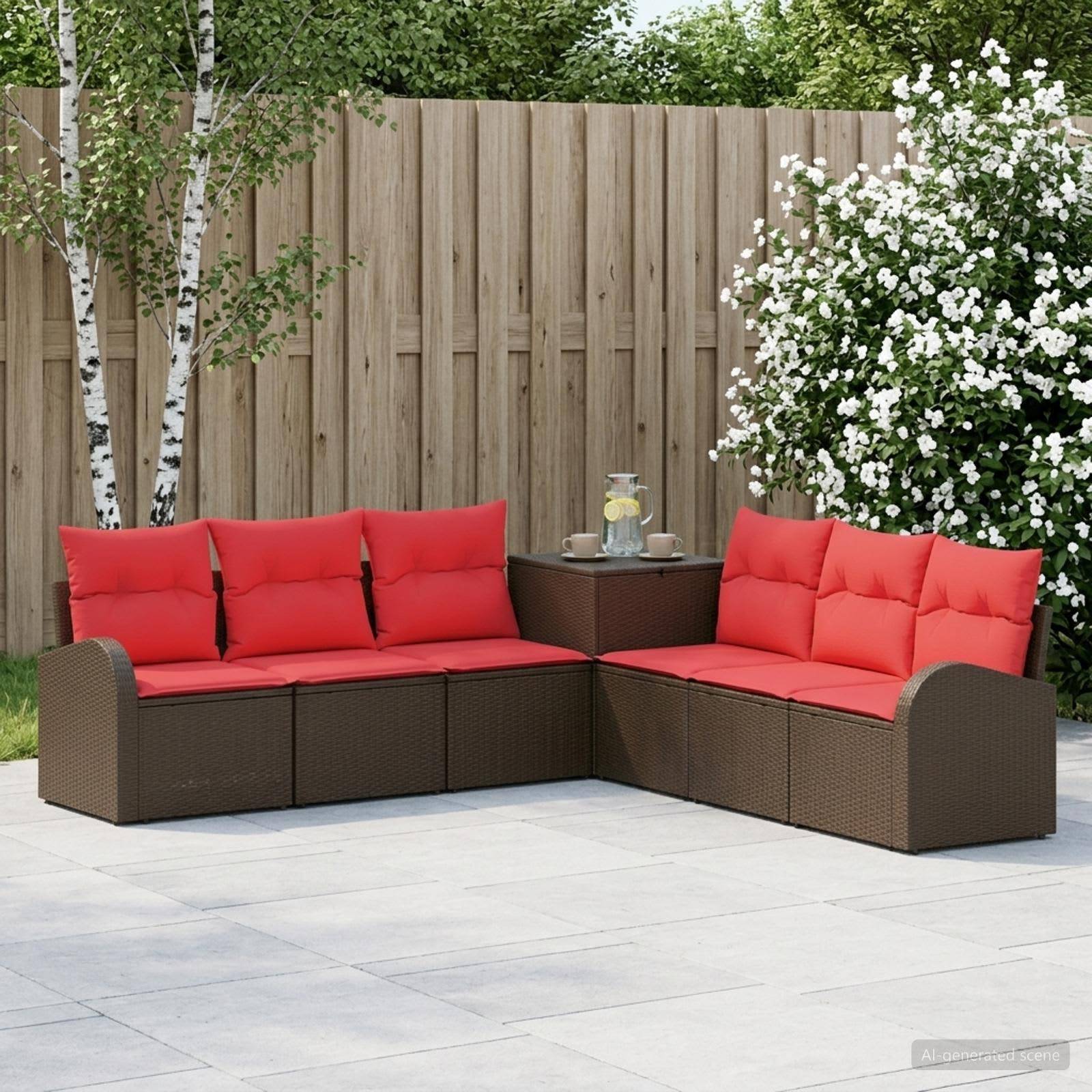Outdoor-Terrassenbestuhlung mit zwei braunen Polyrattan-Ecksofa und roten Kissen um einen kleinen Beistelltisch, vor einem Holzzaun und blühenden Sträuchern.